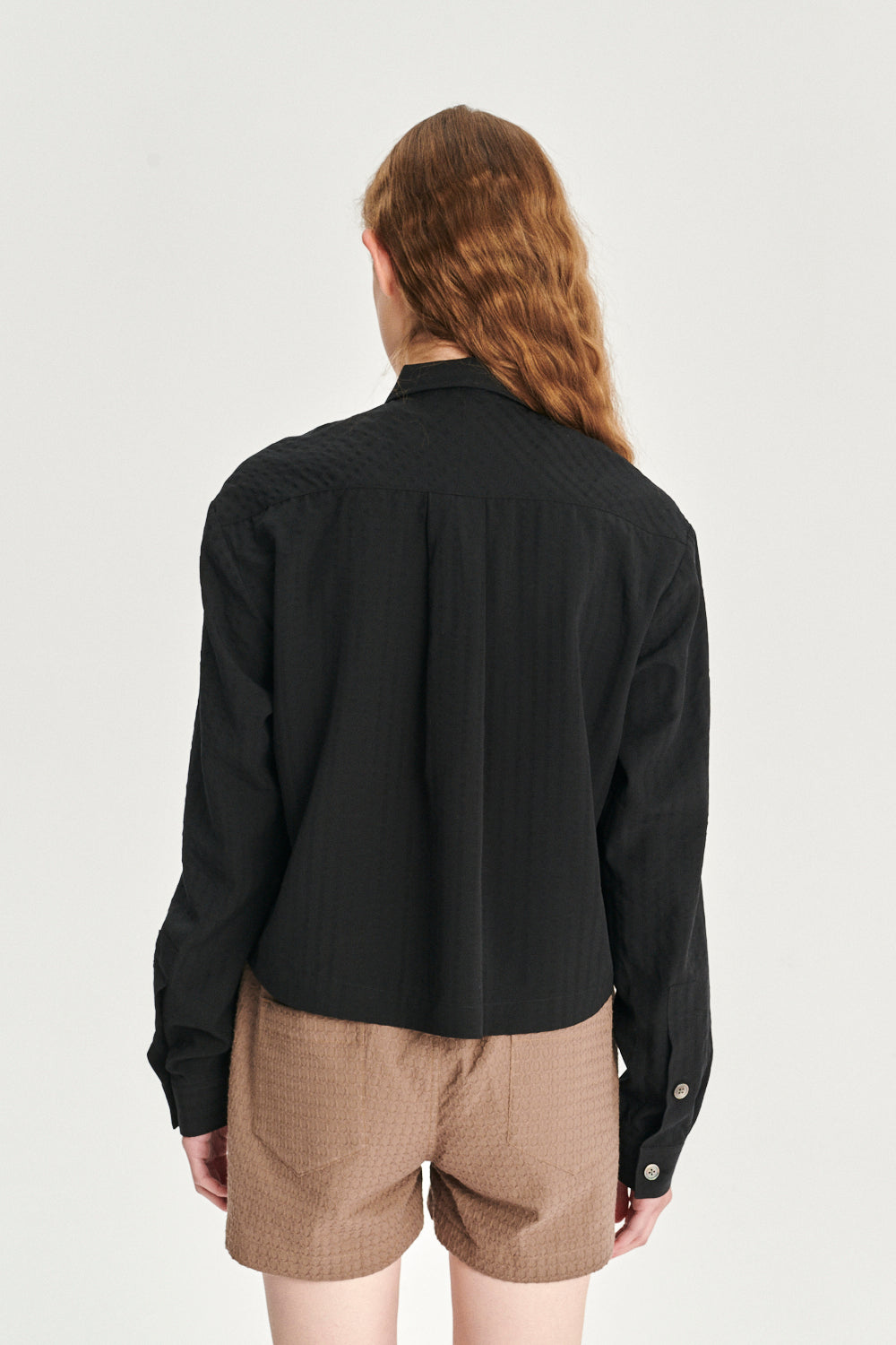 Cropped Pop-Over Top in a Black  Portuguese Tencel Seersucker