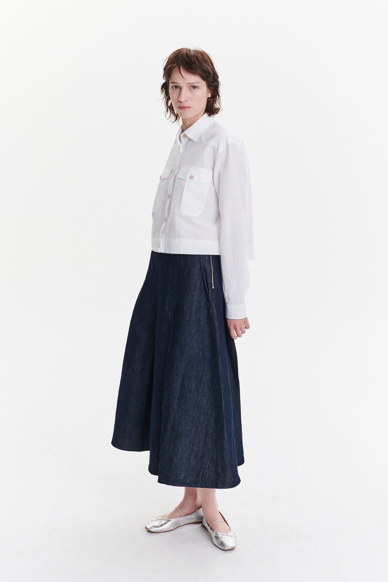 Shirt Jacket in a White Soft Portuguese Cotton and Linen Seersucker