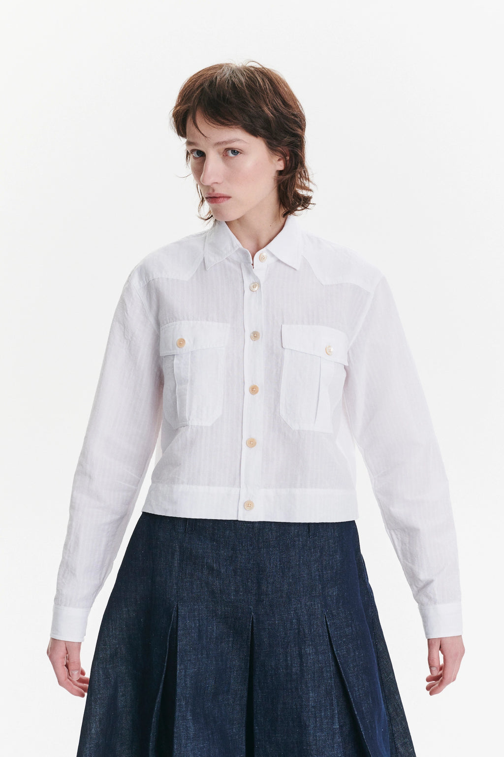 Shirt Jacket in a White Soft Portuguese Cotton and Linen Seersucker