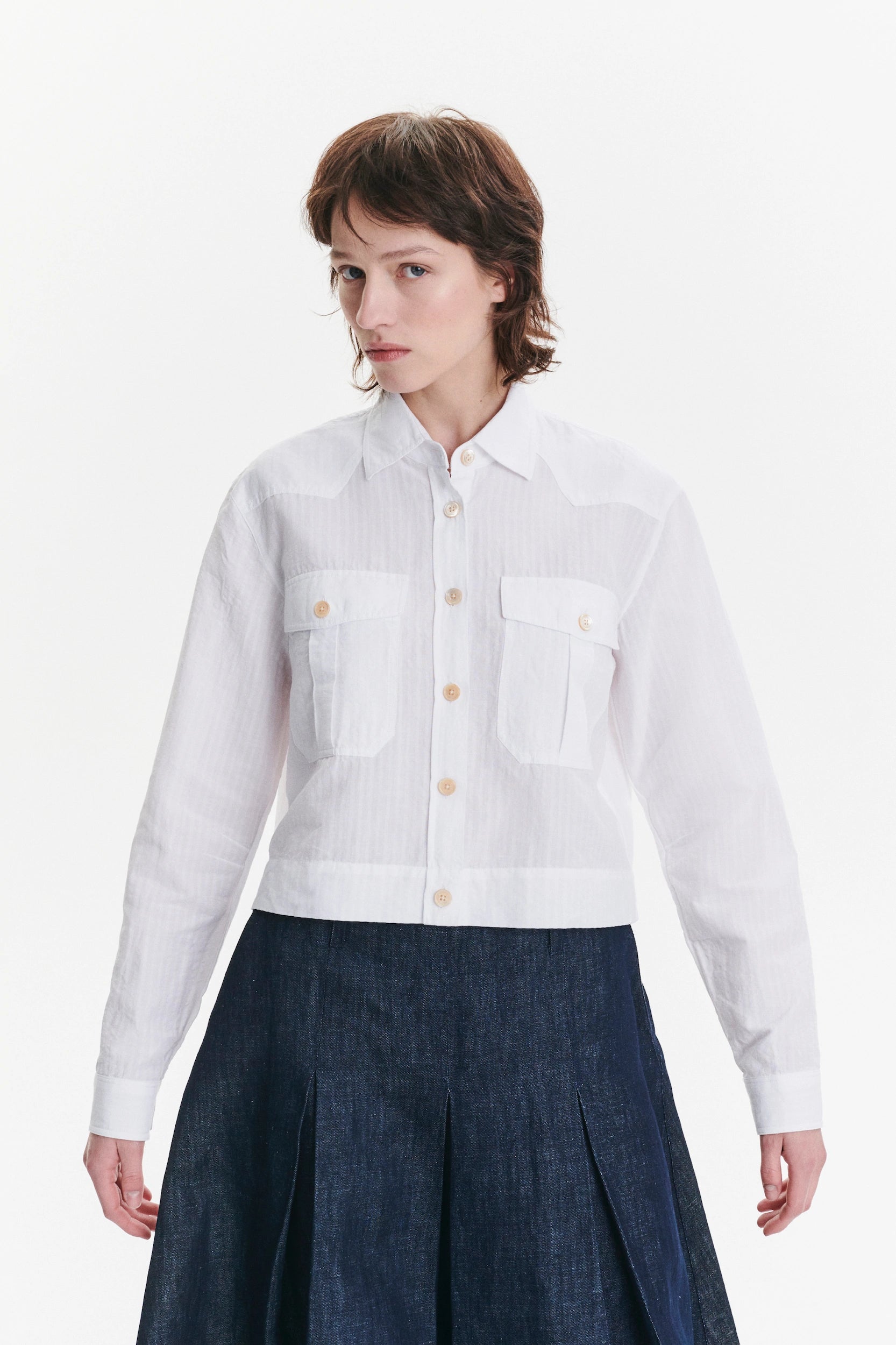 Shirt Jacket in a White Soft Portuguese Cotton and Linen Seersucker
