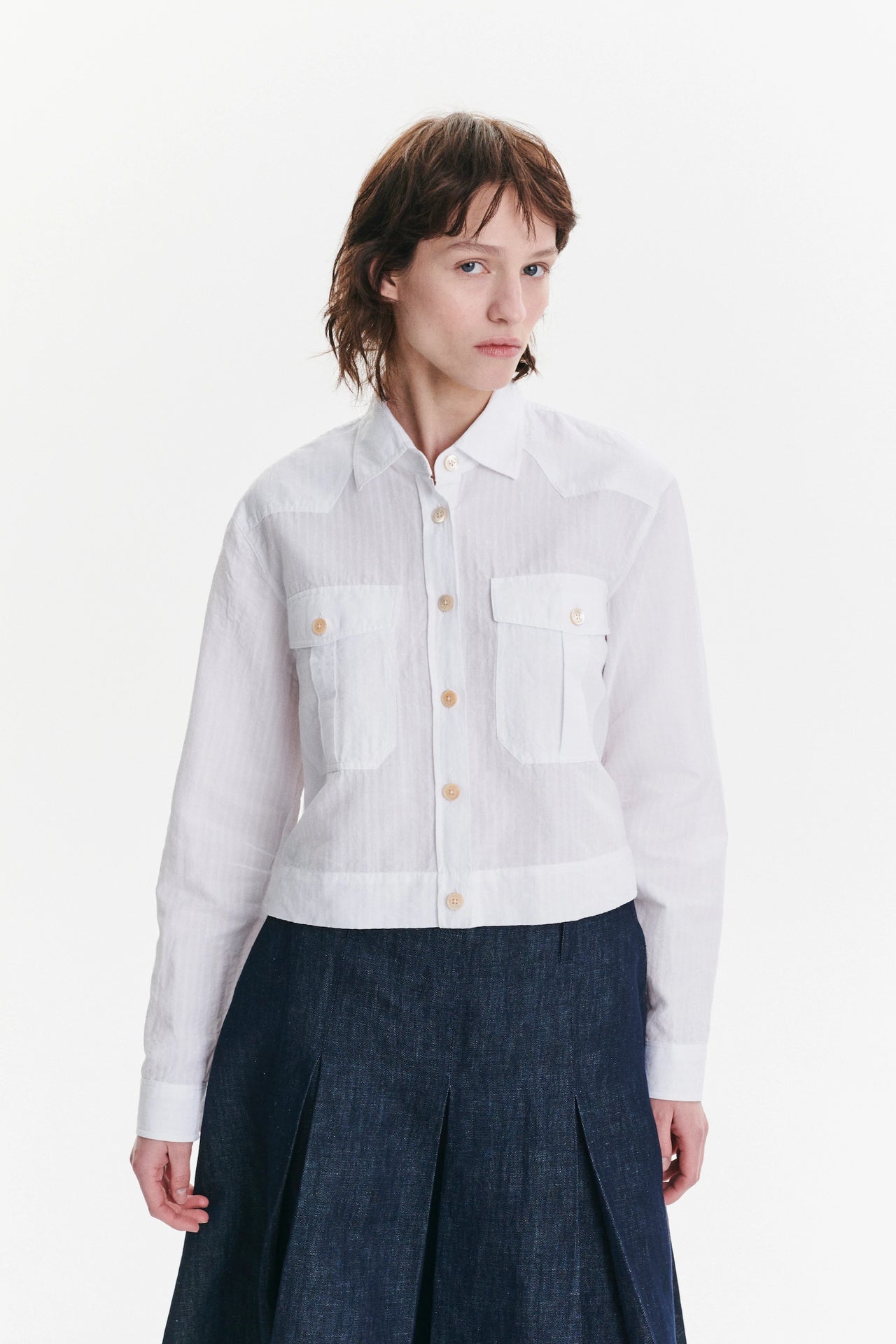 Shirt Jacket in a White Soft Portuguese Cotton and Linen Seersucker