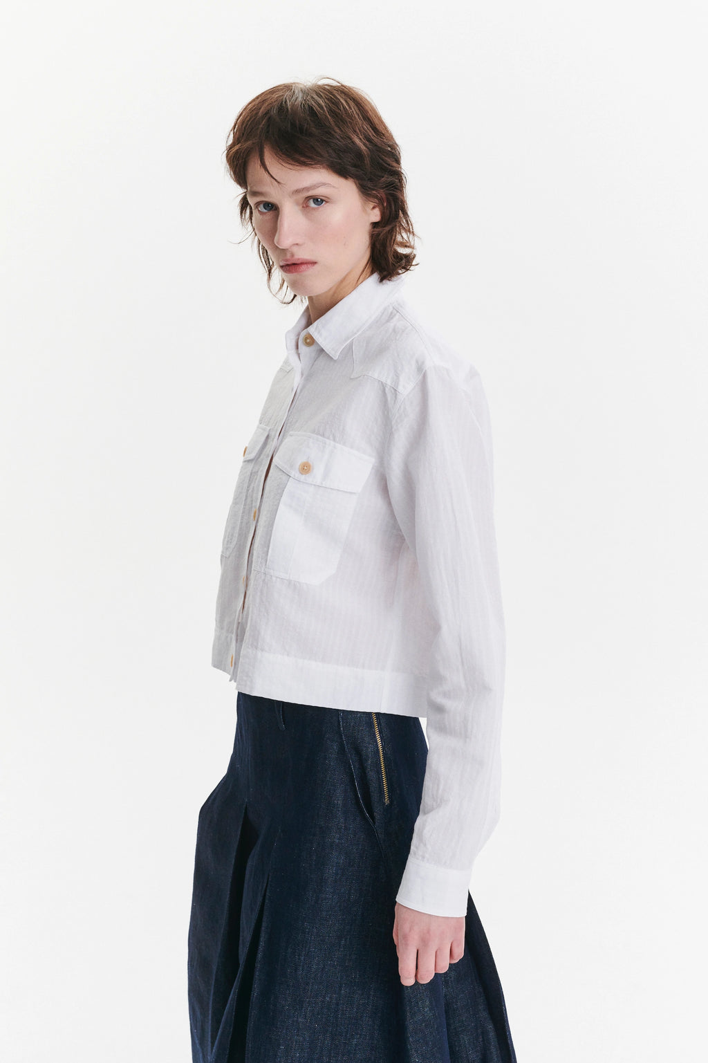 Shirt Jacket in a White Soft Portuguese Cotton and Linen Seersucker