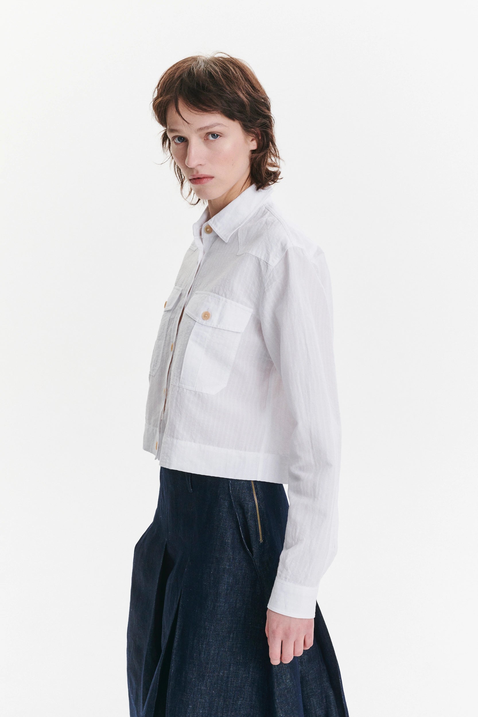 Shirt Jacket in a White Soft Portuguese Cotton and Linen Seersucker
