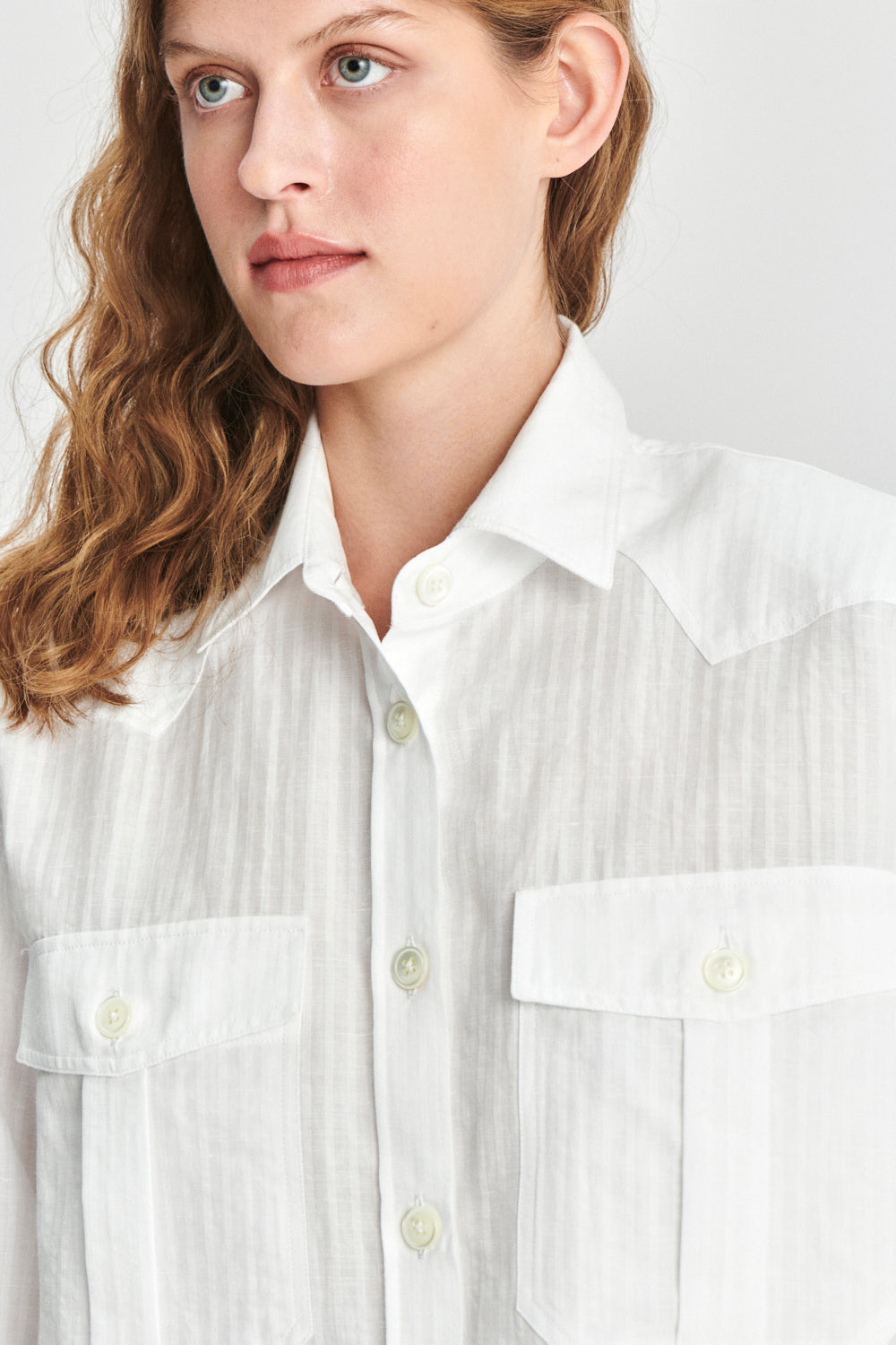 Shirt Jacket in a Subtle Soft White Cotton and Linen Seersucker