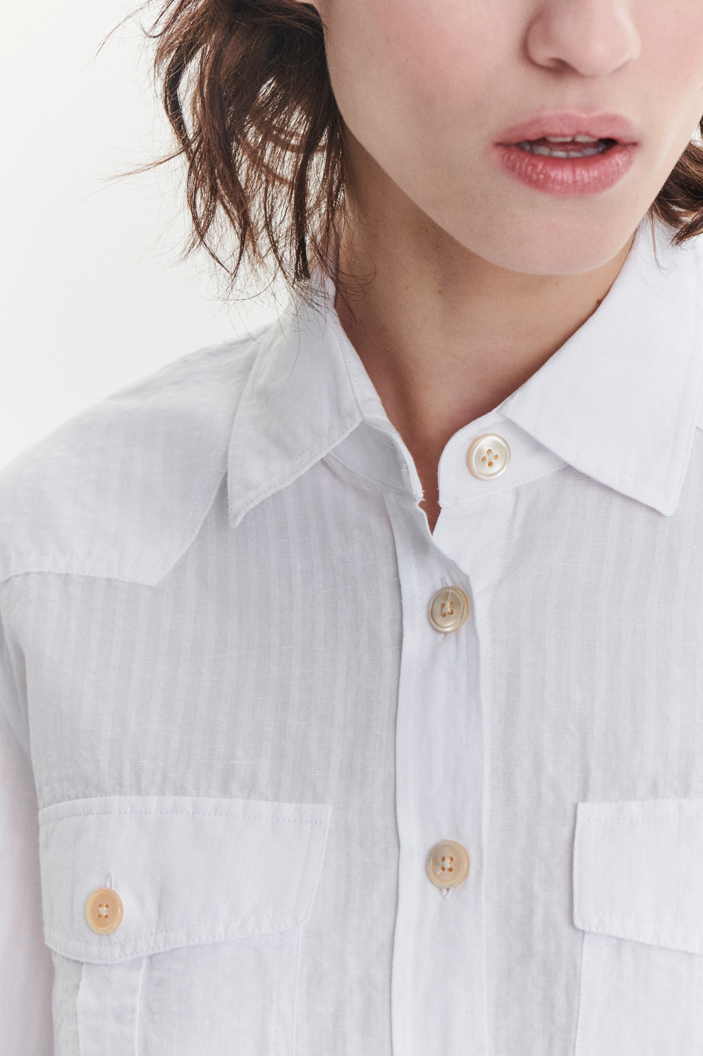 Shirt Jacket in a White Soft Portuguese Cotton and Linen Seersucker