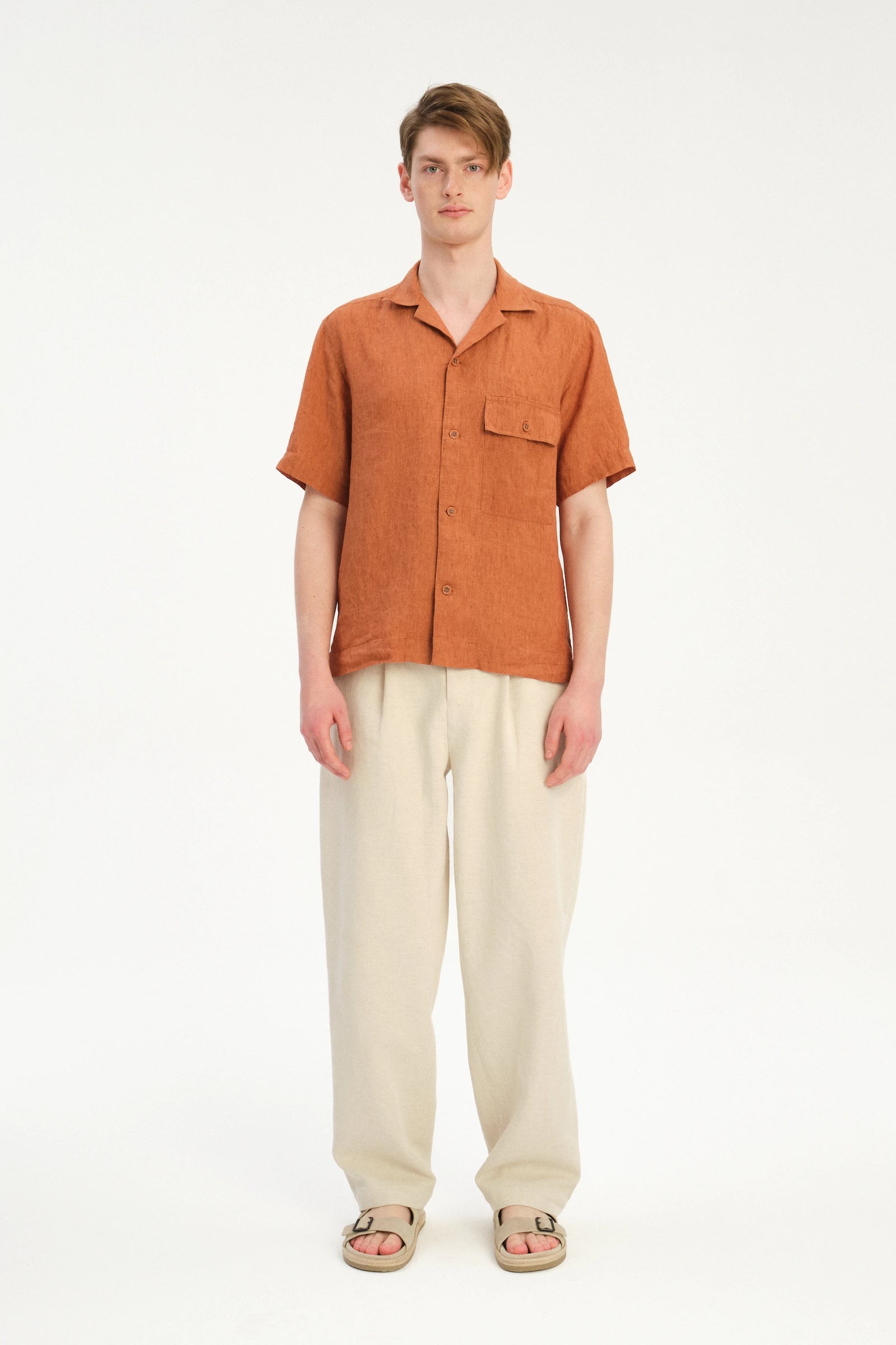 New Camp Collar Shirt  in the Finest Rusty Orange Italian Linen