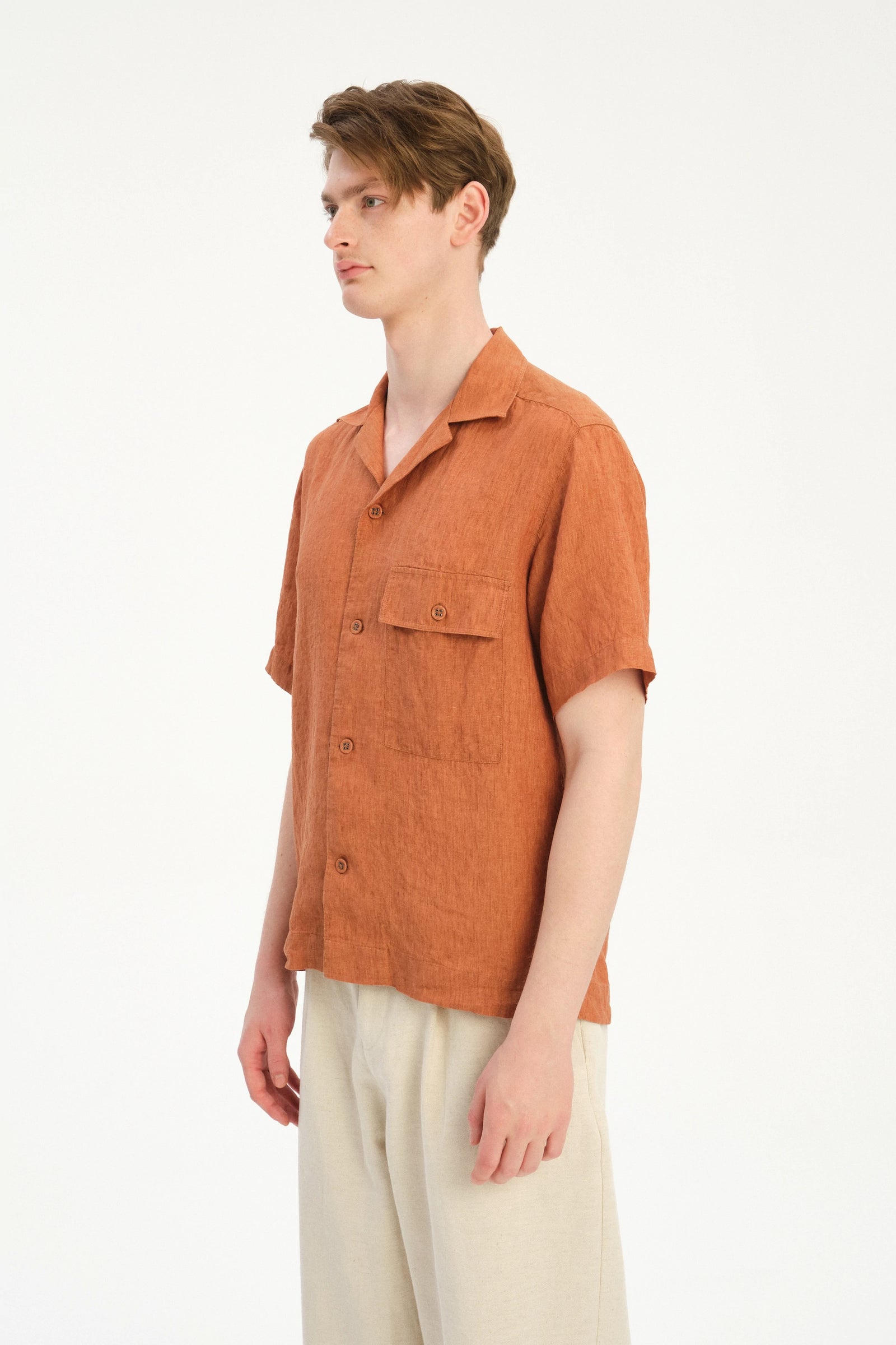 New Camp Collar Shirt  in the Finest Rusty Orange Italian Linen