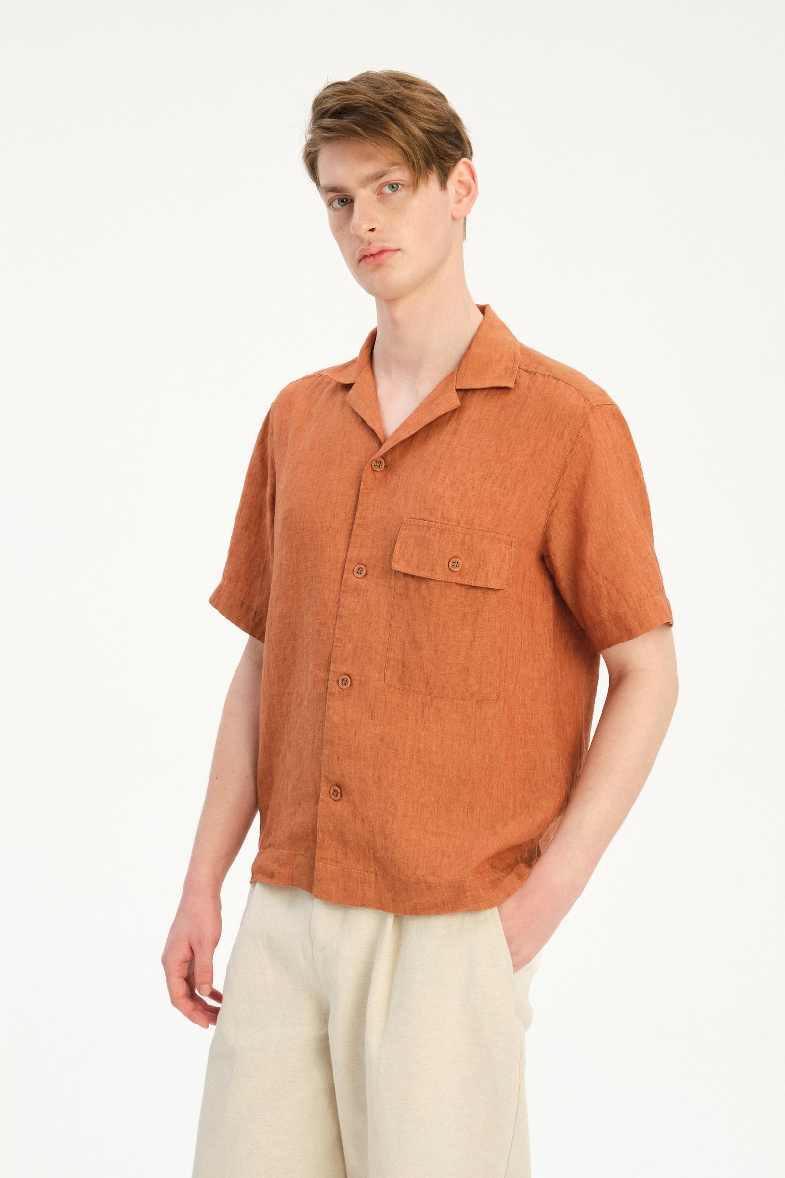 New Camp Collar Shirt  in the Finest Rusty Orange Italian Linen