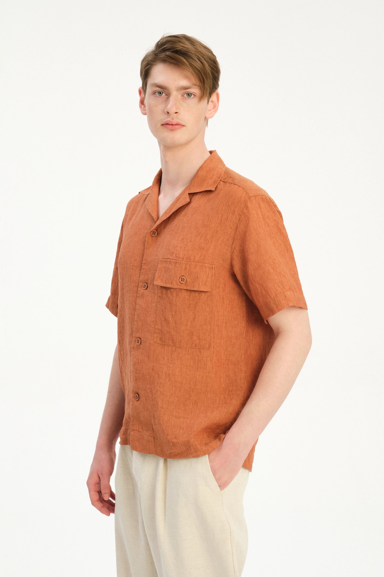 New Camp Collar Shirt  in the Finest Rusty Orange Italian Linen