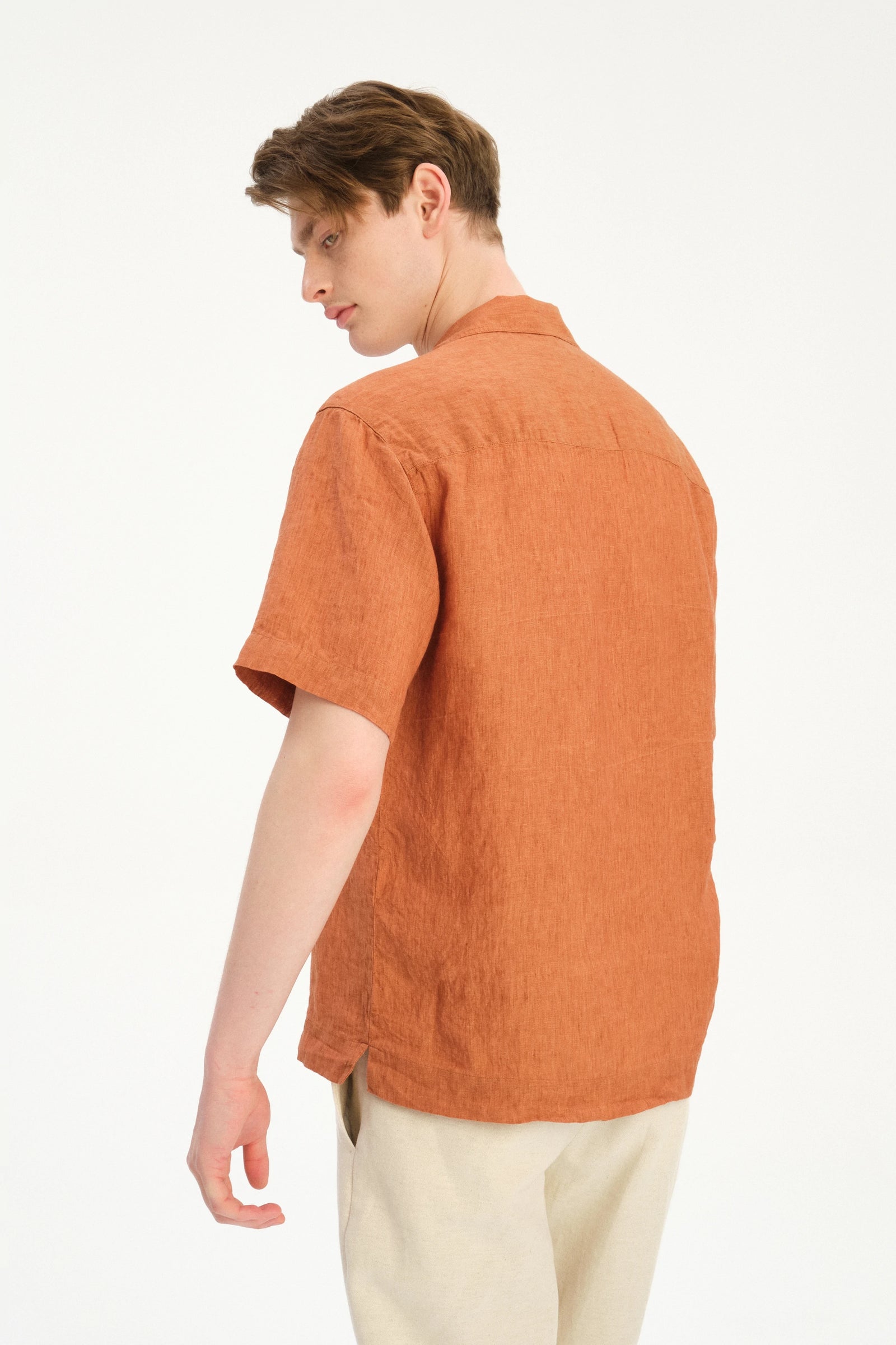 New Camp Collar Shirt  in the Finest Rusty Orange Italian Linen