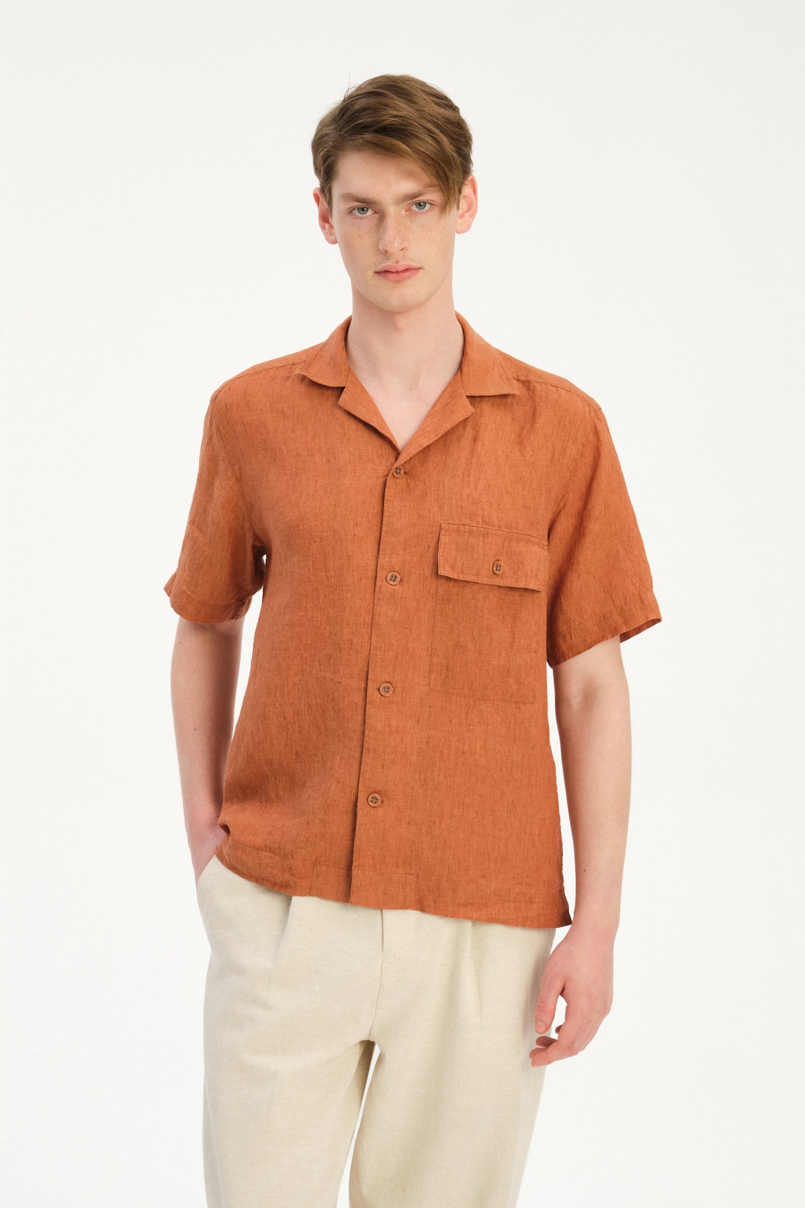 New Camp Collar Shirt  in the Finest Rusty Orange Italian Linen