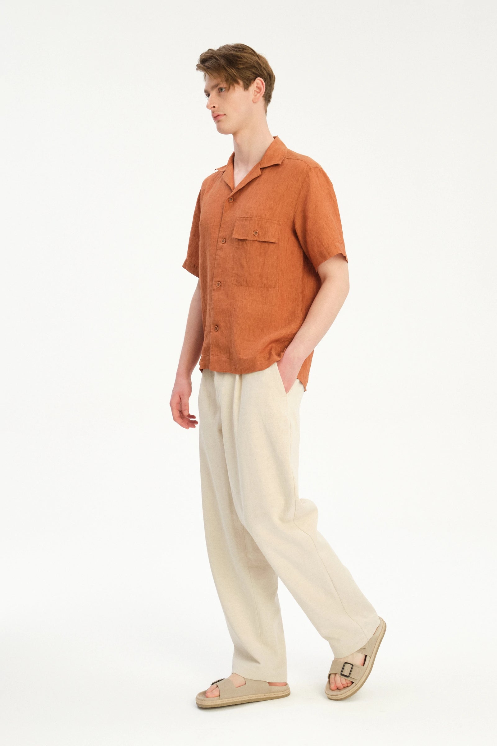 New Camp Collar Shirt  in the Finest Rusty Orange Italian Linen