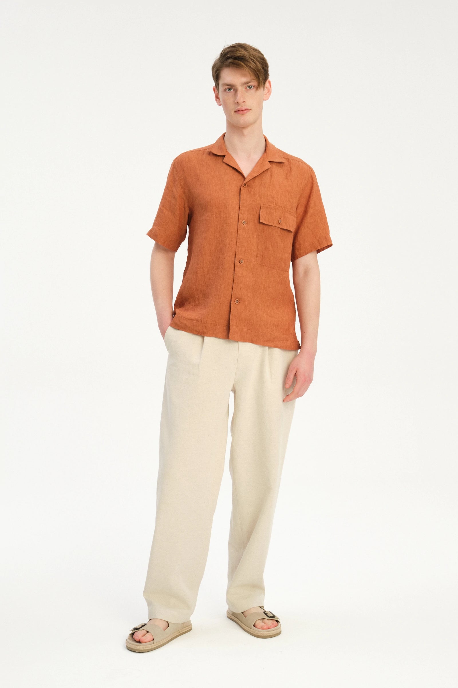 New Camp Collar Shirt  in the Finest Rusty Orange Italian Linen