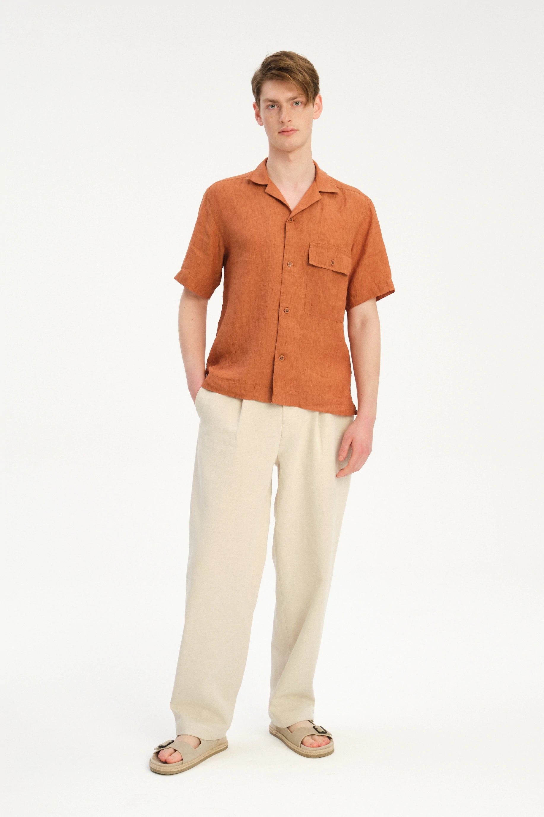 New Camp Collar Shirt  in the Finest Rusty Orange Italian Linen