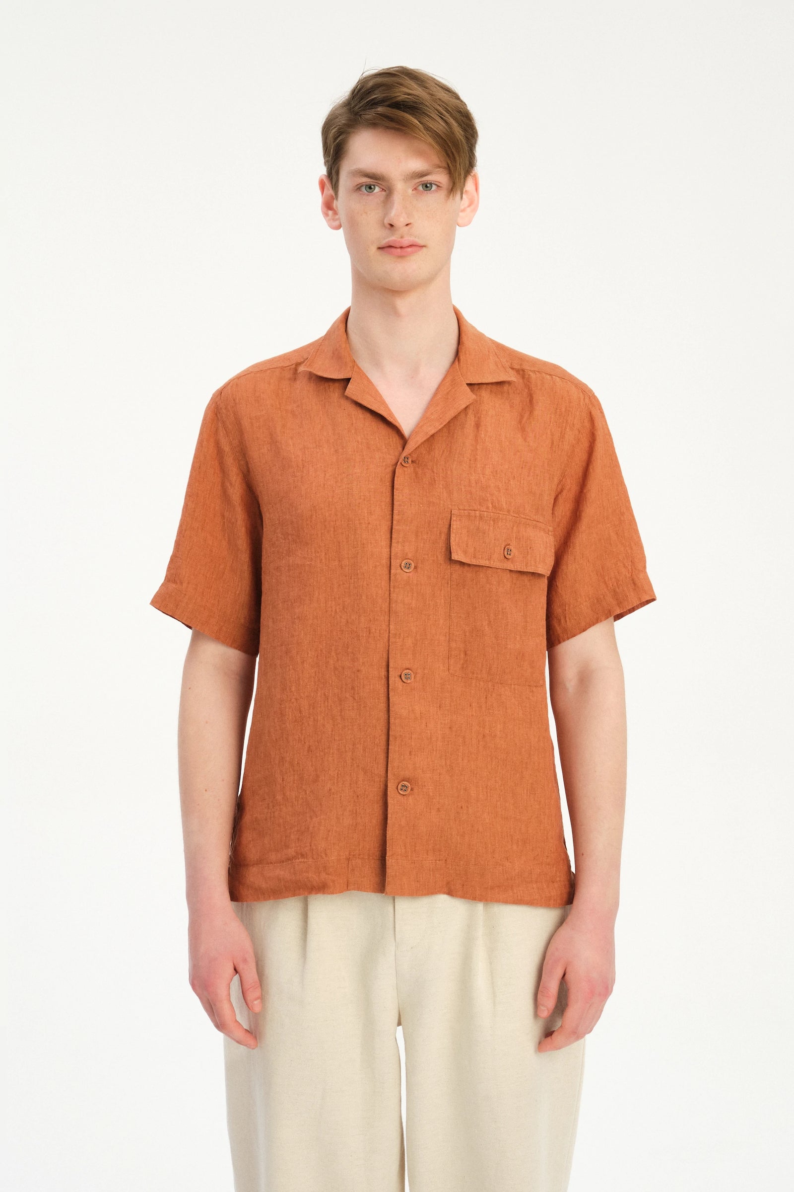 New Camp Collar Shirt  in the Finest Rusty Orange Italian Linen