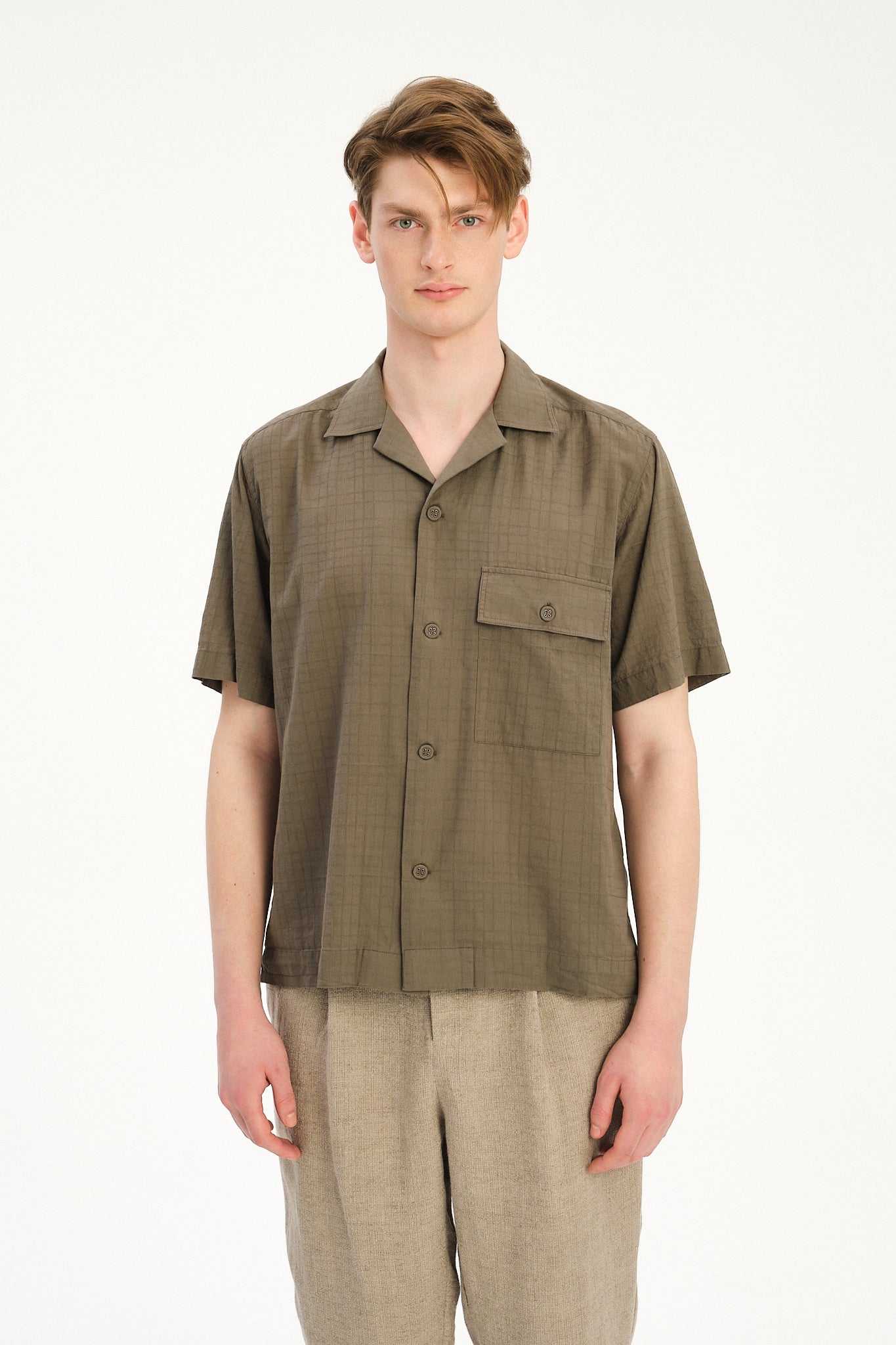 New Camp Collar Shirt  in the Finest Olive Green Italian Dobby Cotton