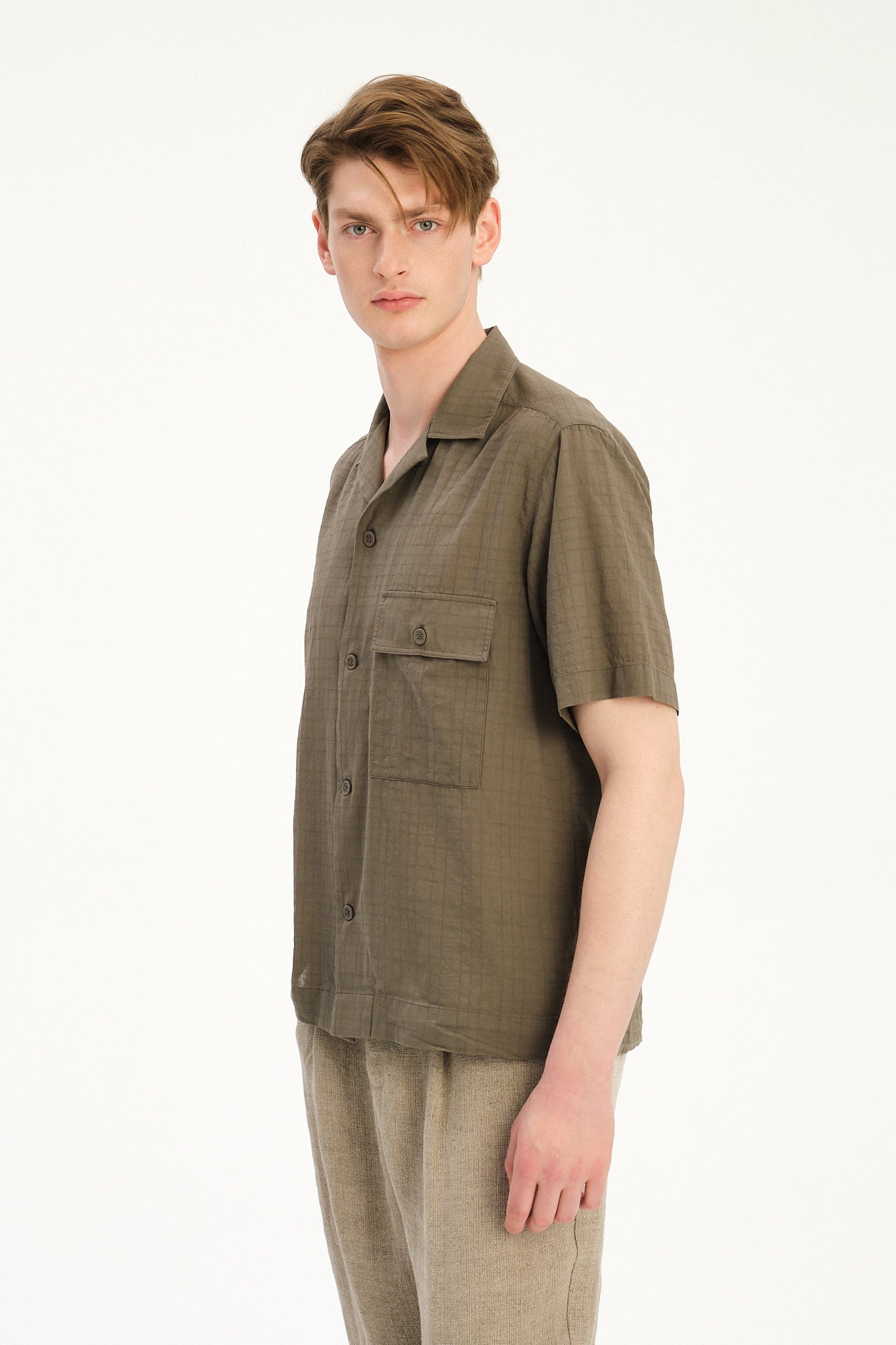 New Camp Collar Shirt  in the Finest Olive Green Italian Dobby Cotton