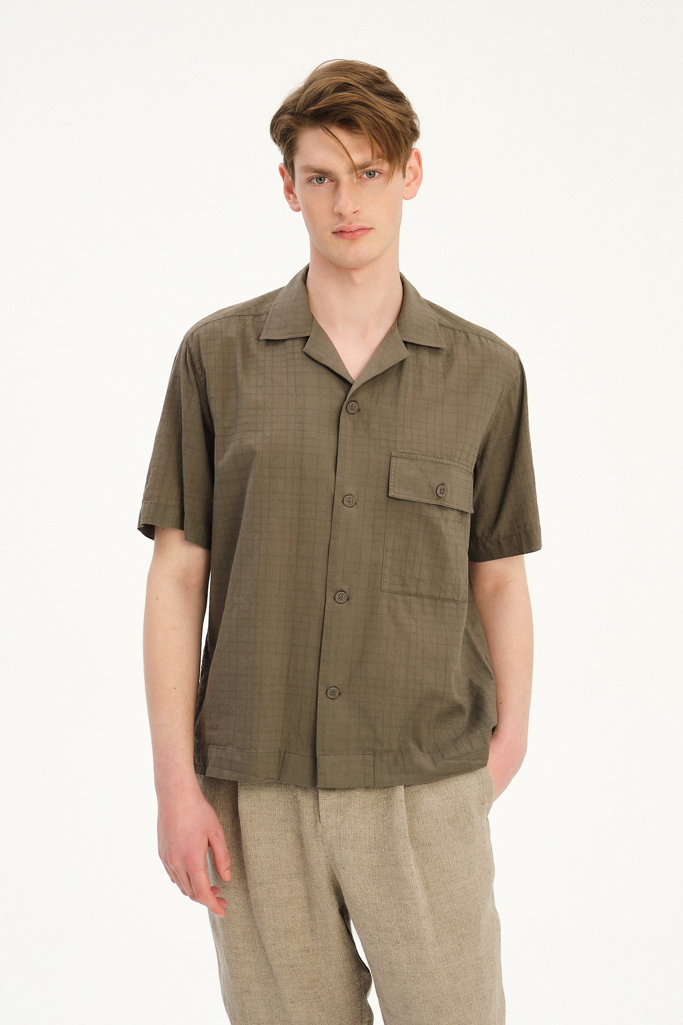 New Camp Collar Shirt  in the Finest Olive Green Italian Dobby Cotton