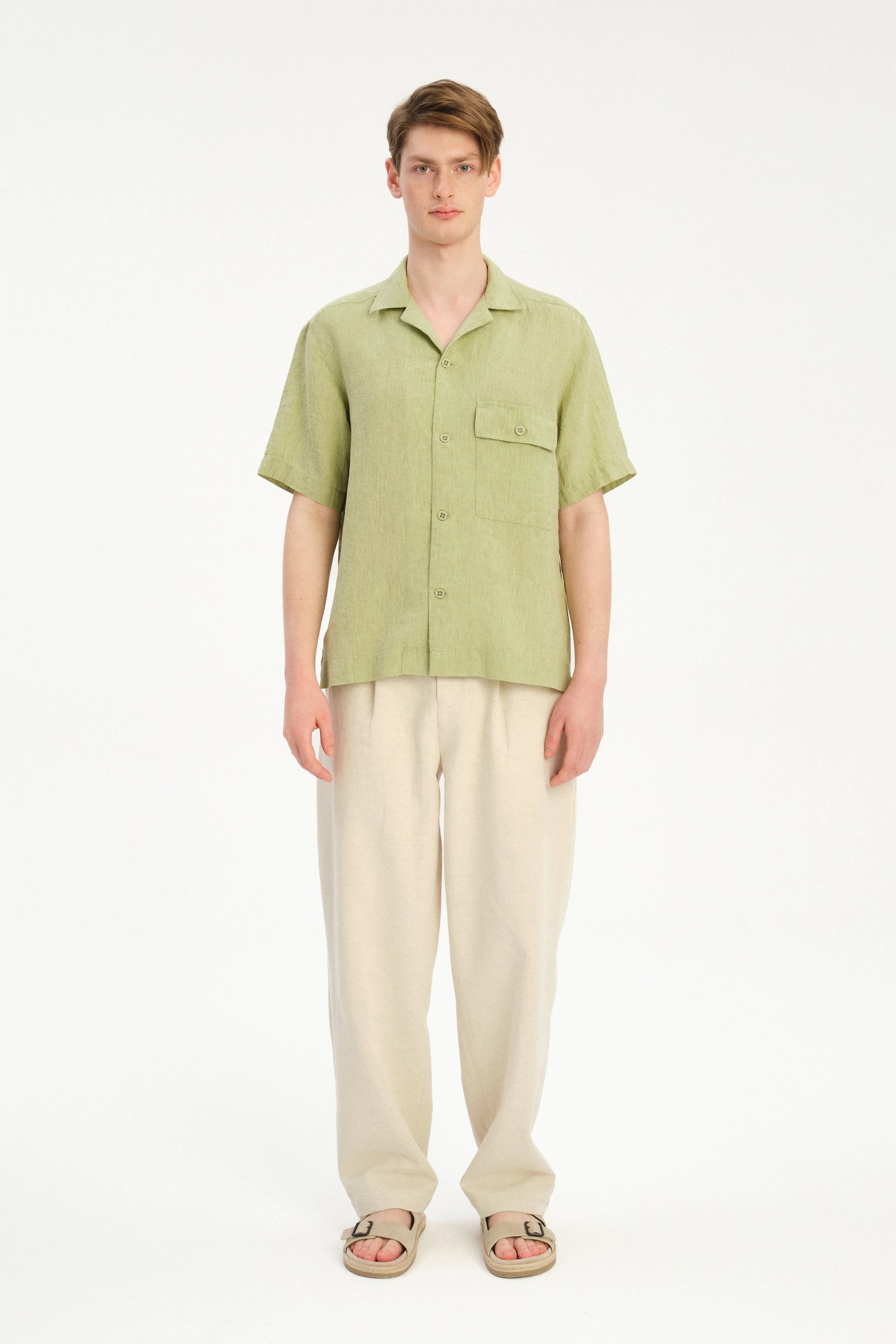 New Camp Collar Shirt  in the Finest Pale Leaf Green Italian Linen