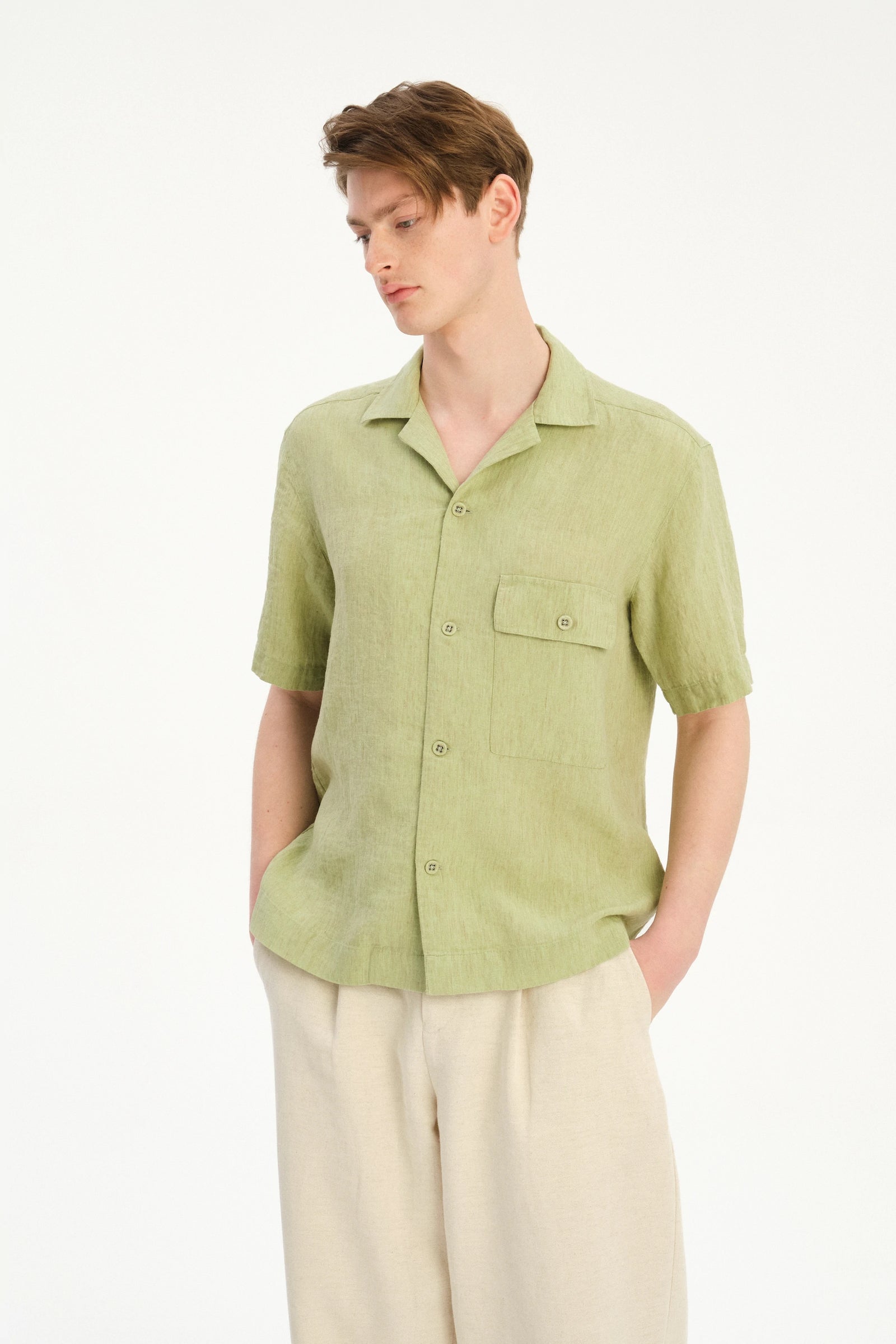 New Camp Collar Shirt  in the Finest Pale Leaf Green Italian Linen