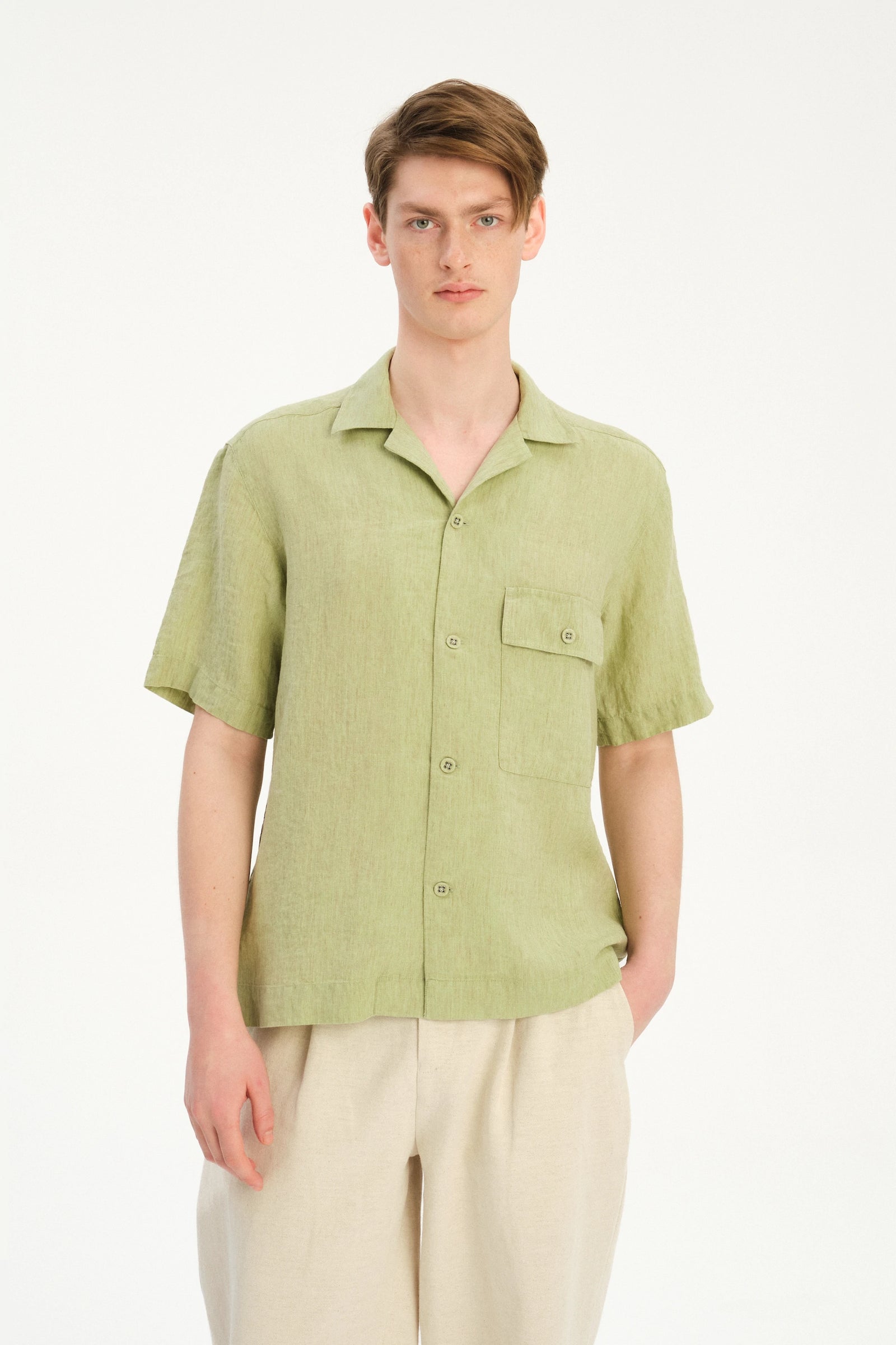 New Camp Collar Shirt  in the Finest Pale Leaf Green Italian Linen