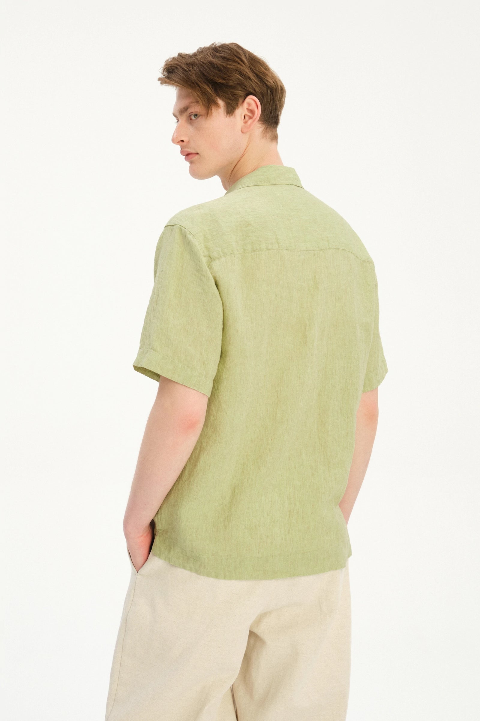 New Camp Collar Shirt  in the Finest Pale Leaf Green Italian Linen