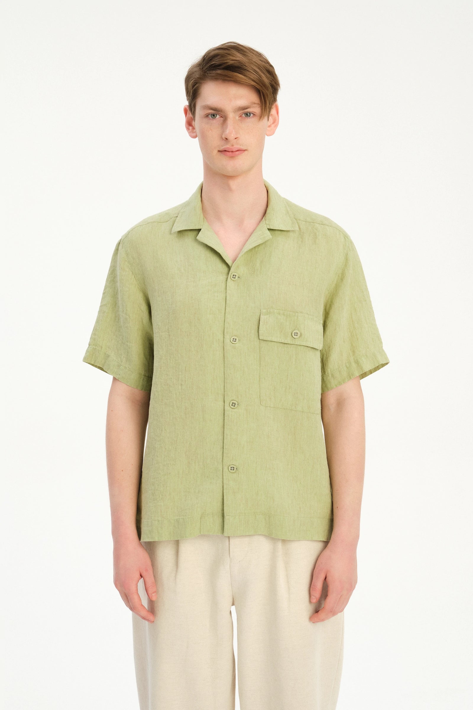 New Camp Collar Shirt  in the Finest Pale Leaf Green Italian Linen