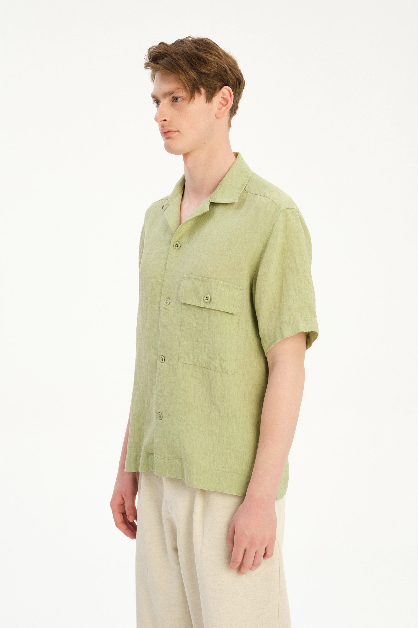 New Camp Collar Shirt  in the Finest Pale Leaf Green Italian Linen