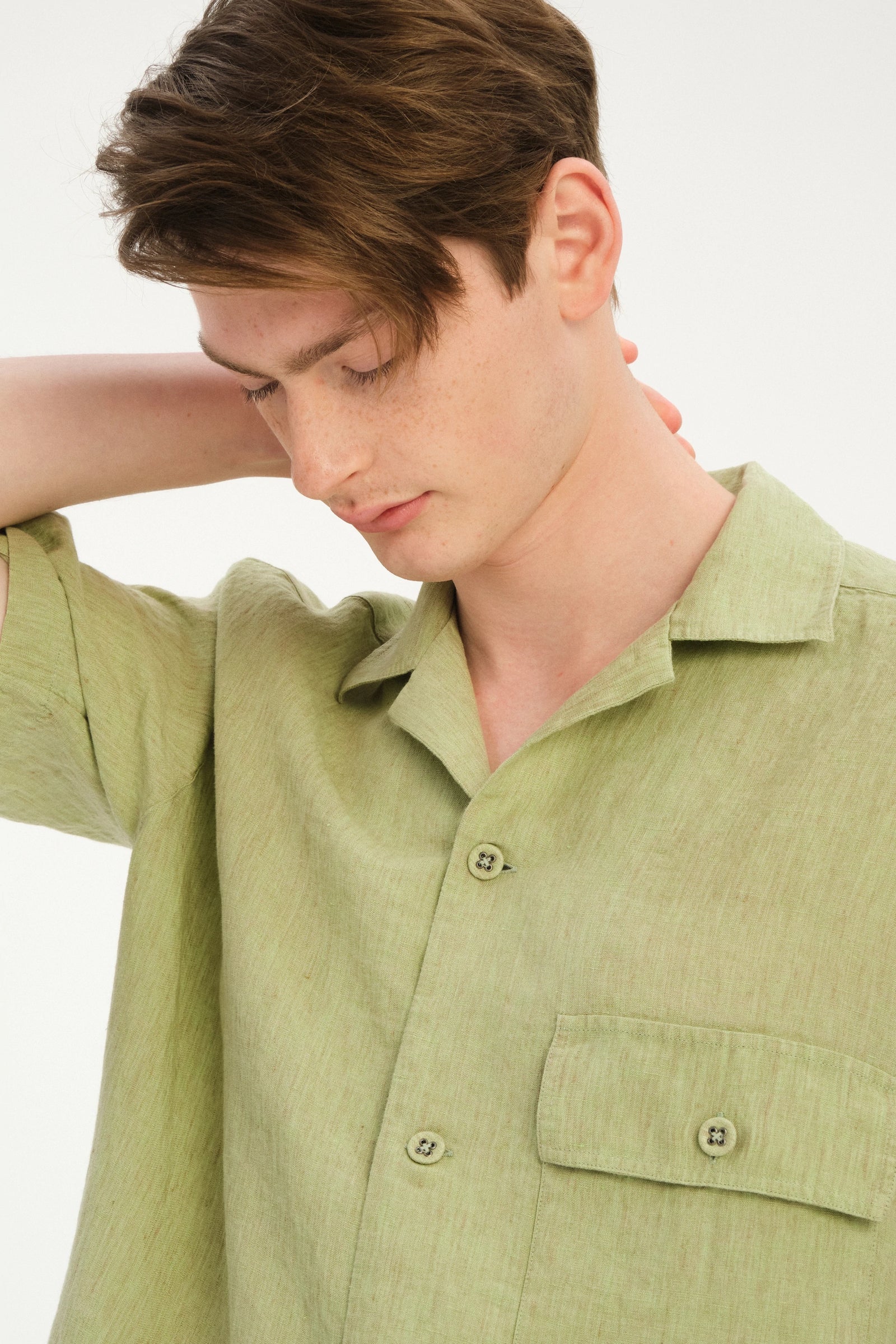New Camp Collar Shirt  in the Finest Pale Leaf Green Italian Linen