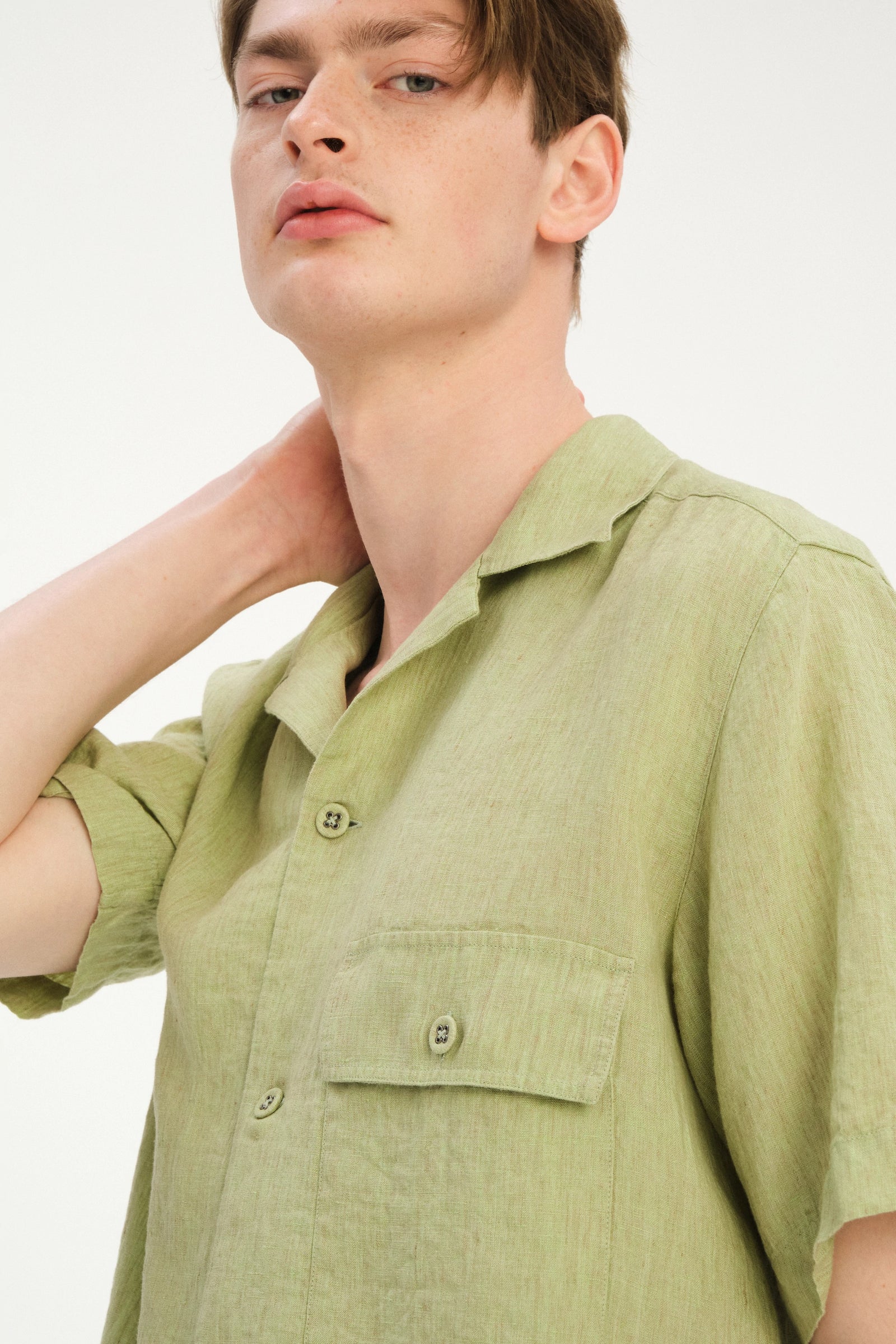 New Camp Collar Shirt  in the Finest Pale Leaf Green Italian Linen