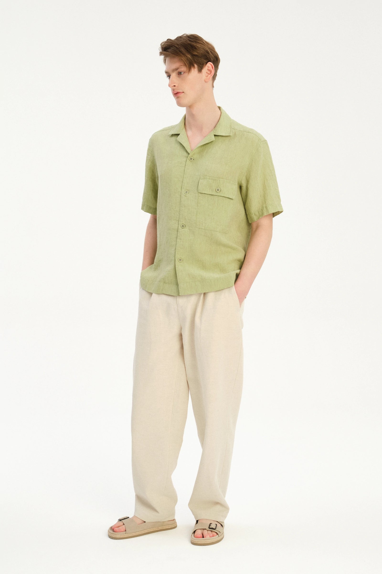 New Camp Collar Shirt  in the Finest Pale Leaf Green Italian Linen