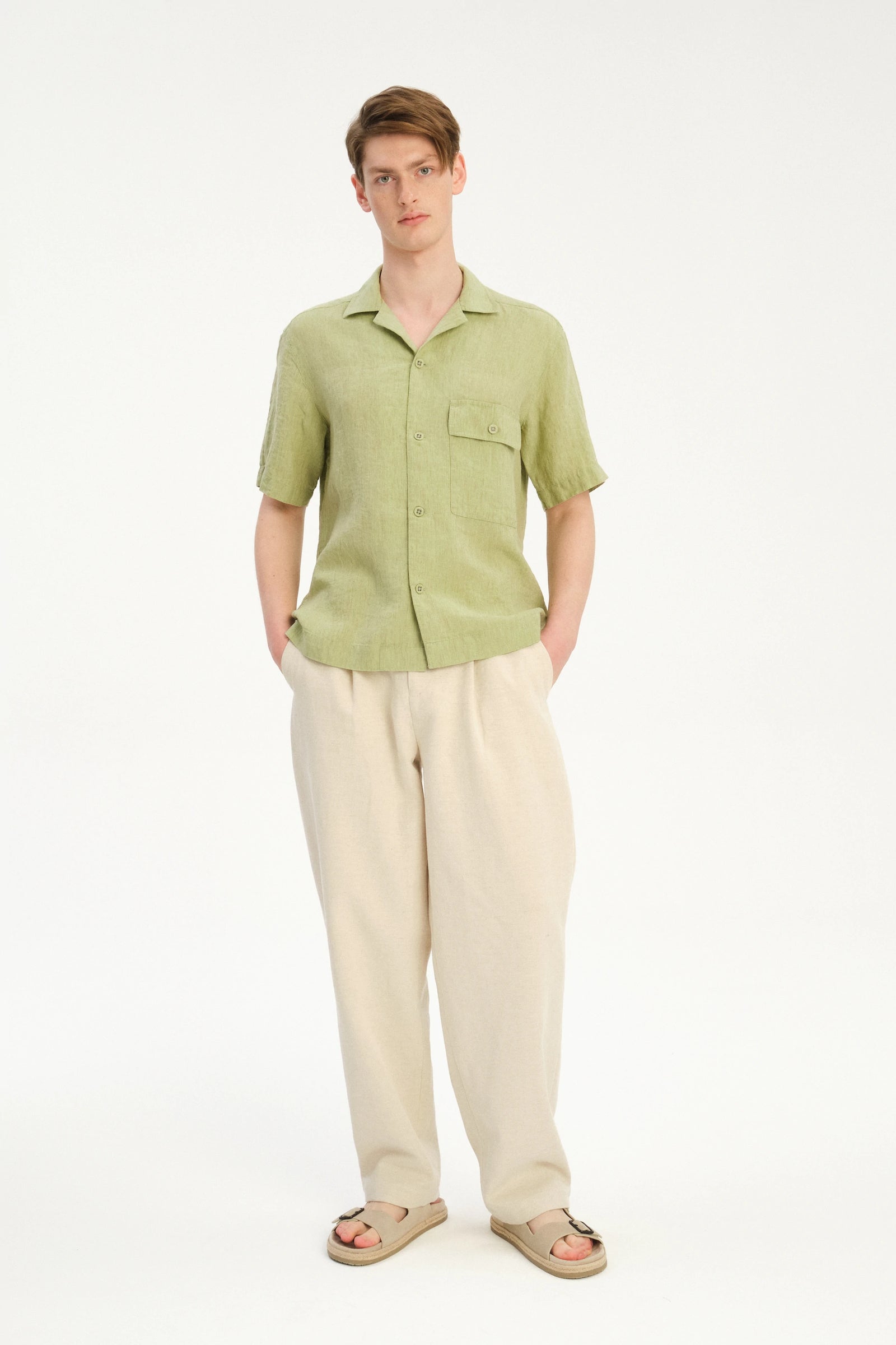 New Camp Collar Shirt  in the Finest Pale Leaf Green Italian Linen