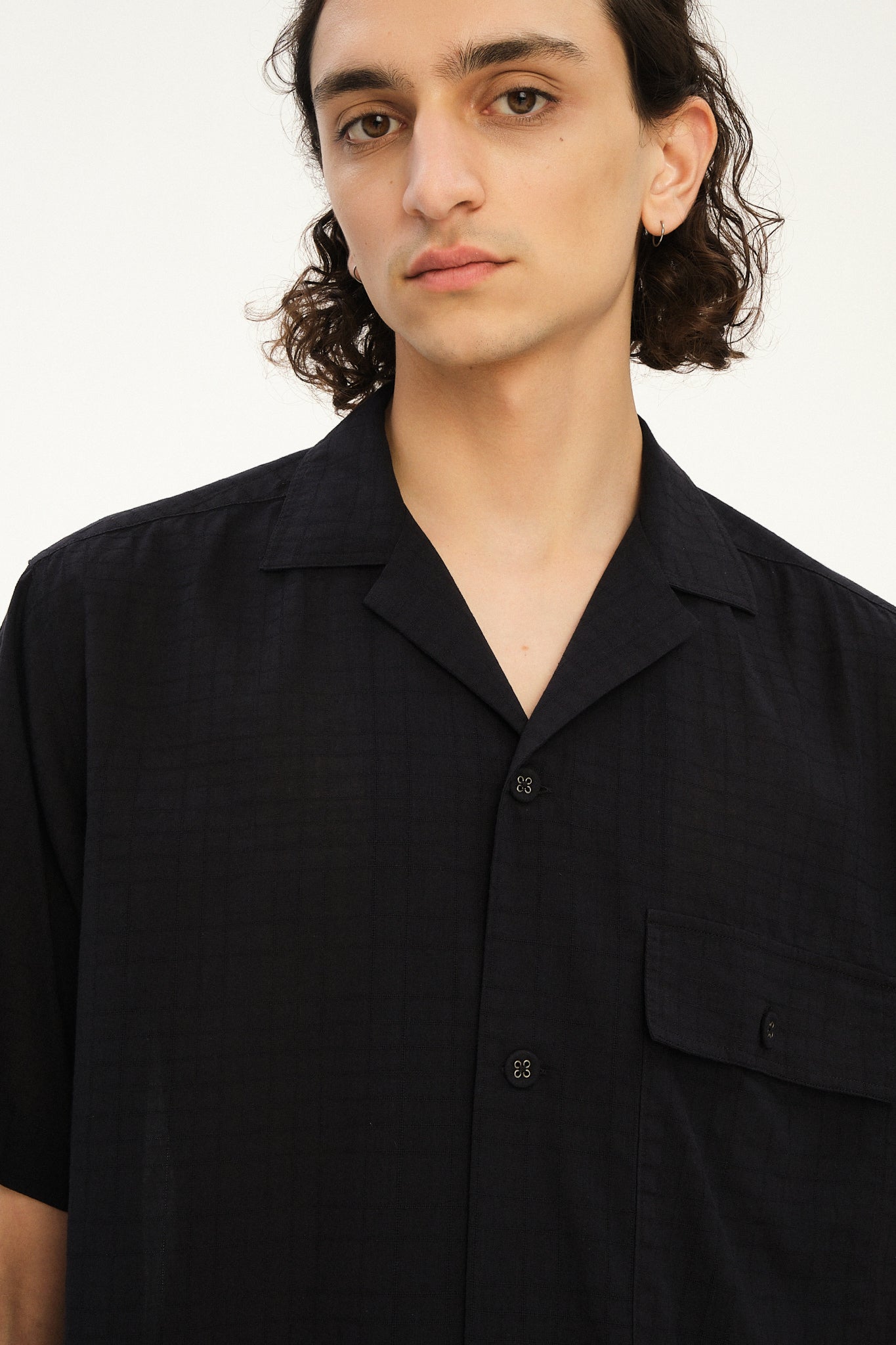 New Camp Collar Shirt  in a Profound Black Italian Dobby Cotton