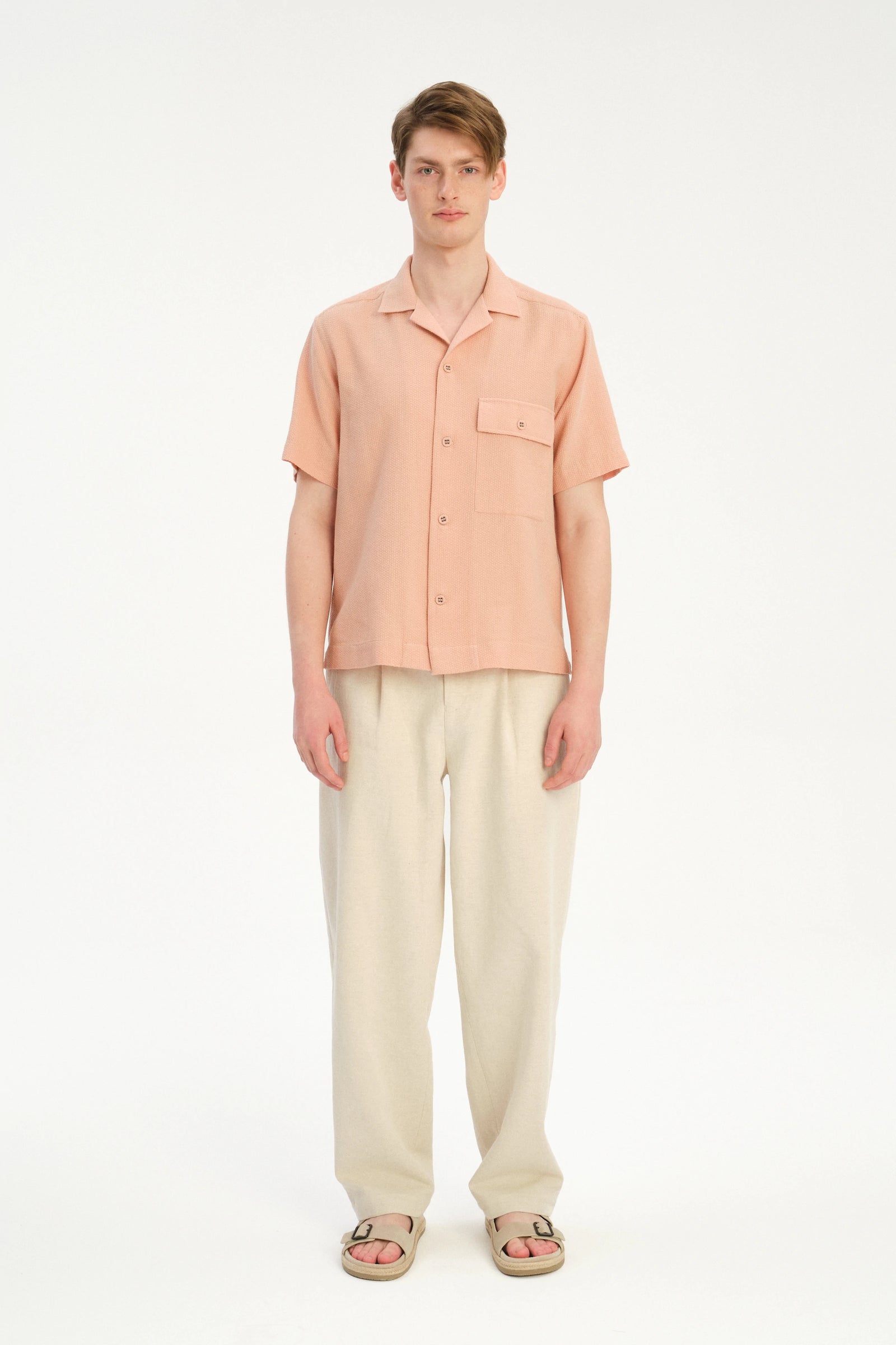 Camp Collar Shirt  in a Peach Airy Portuguese Cotton