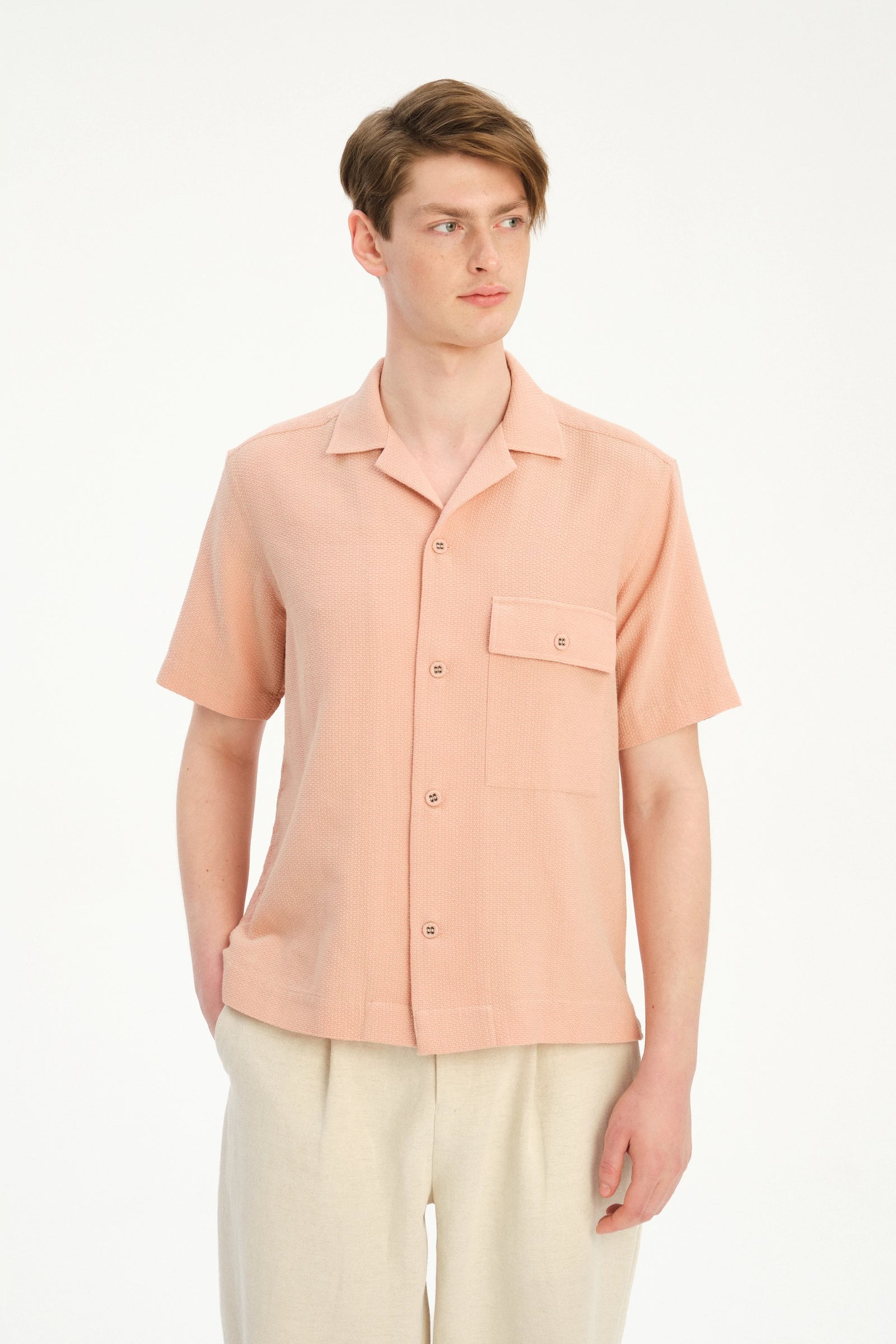 Camp Collar Shirt  in a Peach Airy Portuguese Cotton