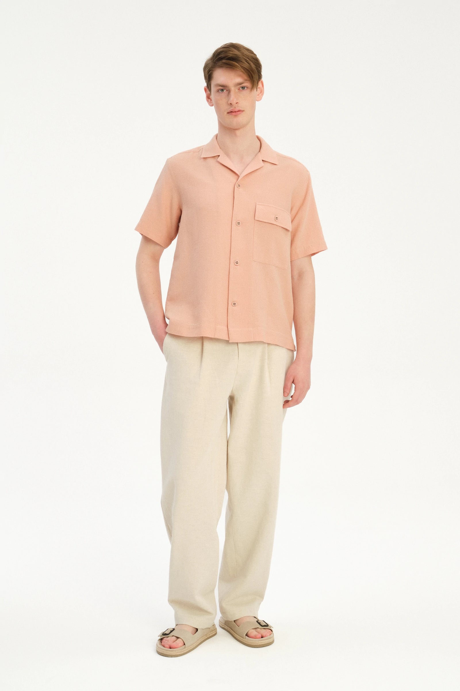 Camp Collar Shirt  in a Peach Airy Portuguese Cotton