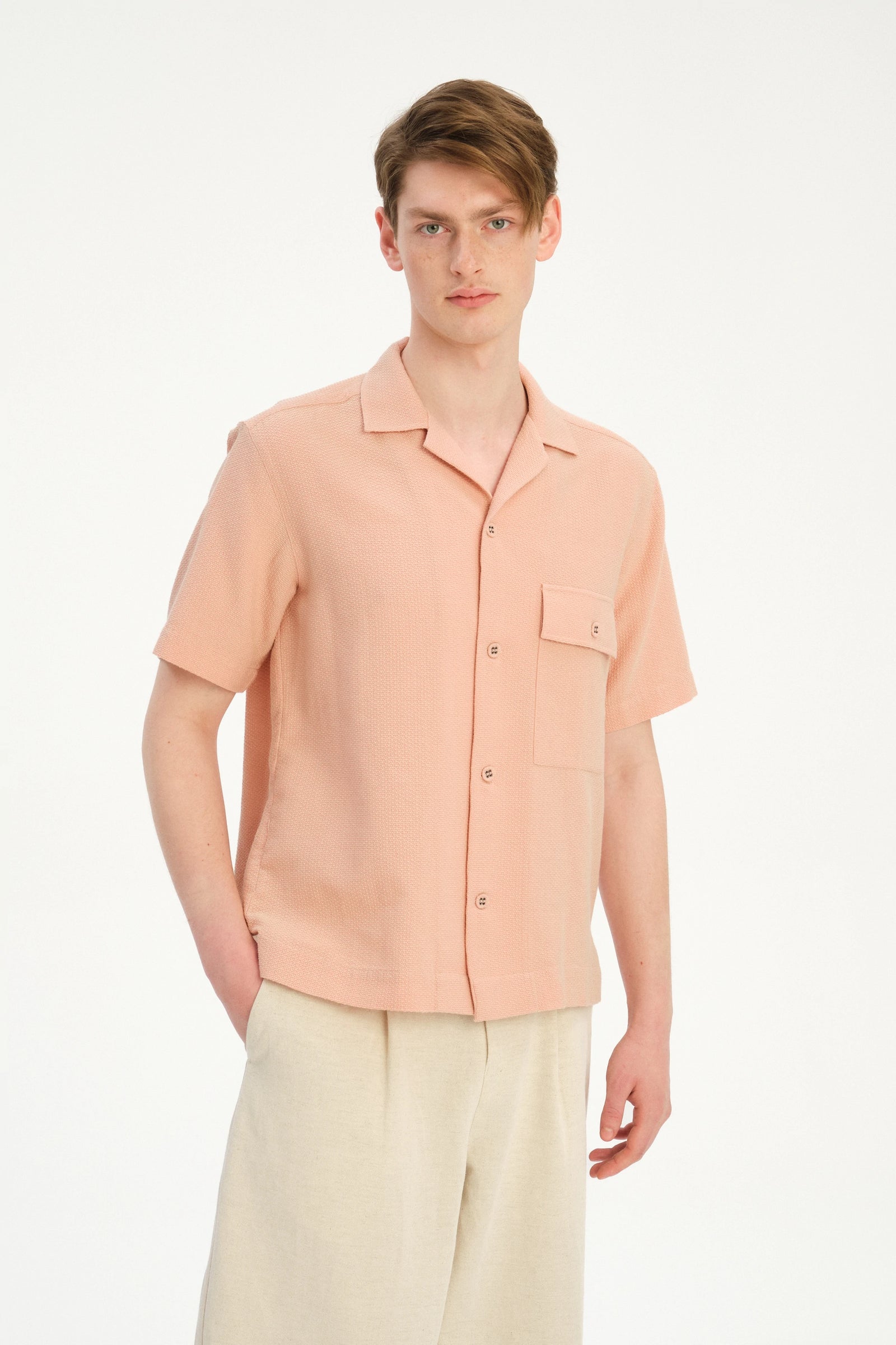 Camp Collar Shirt  in a Peach Airy Portuguese Cotton