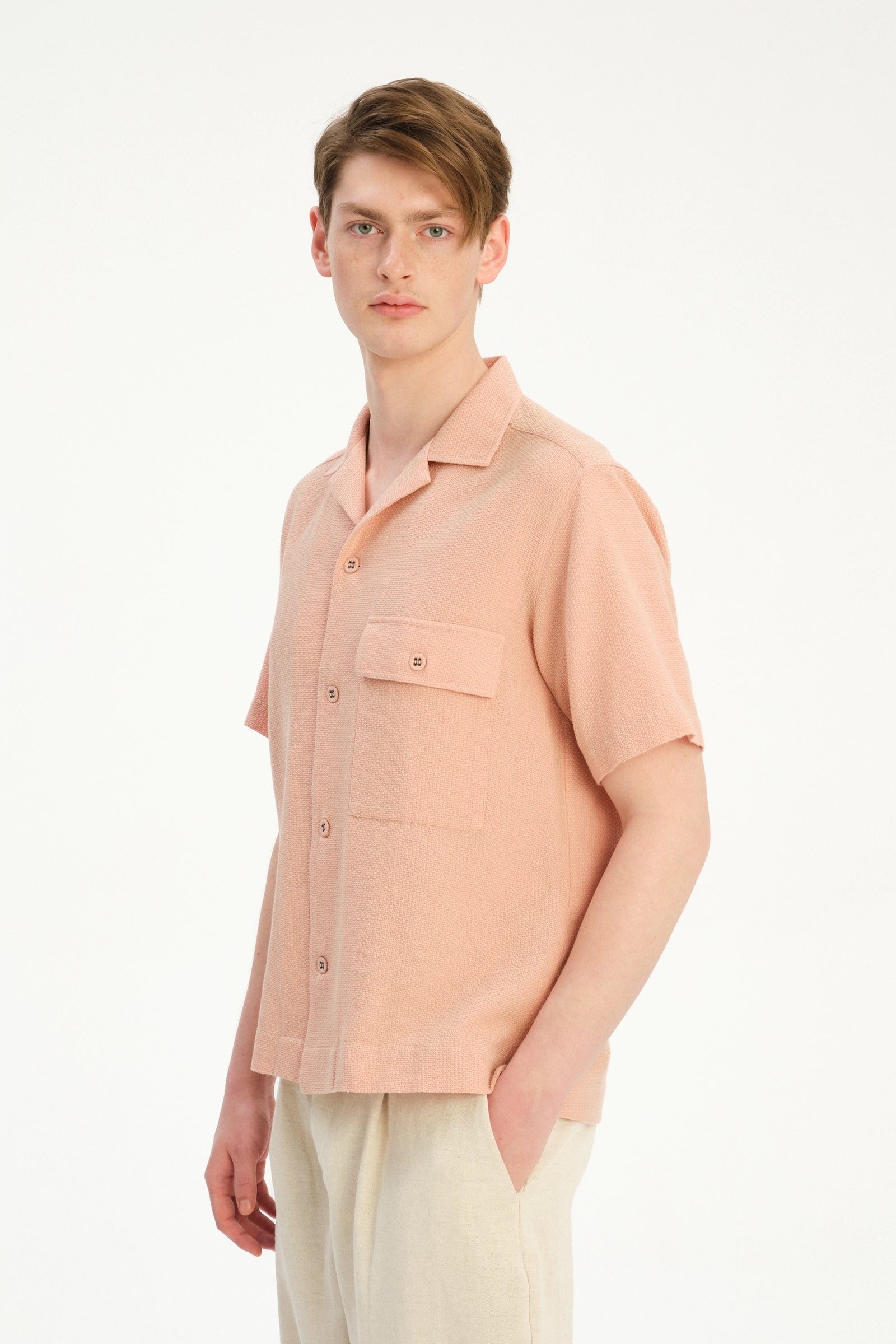 Camp Collar Shirt  in a Peach Airy Portuguese Cotton