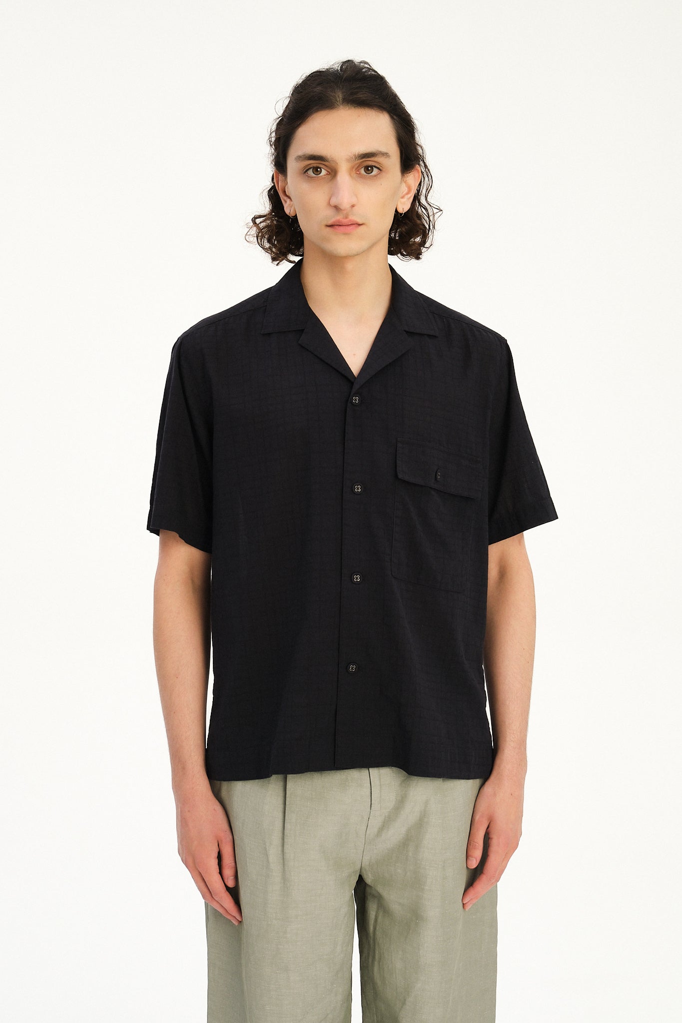New Camp Collar Shirt  in a Profound Black Italian Dobby Cotton