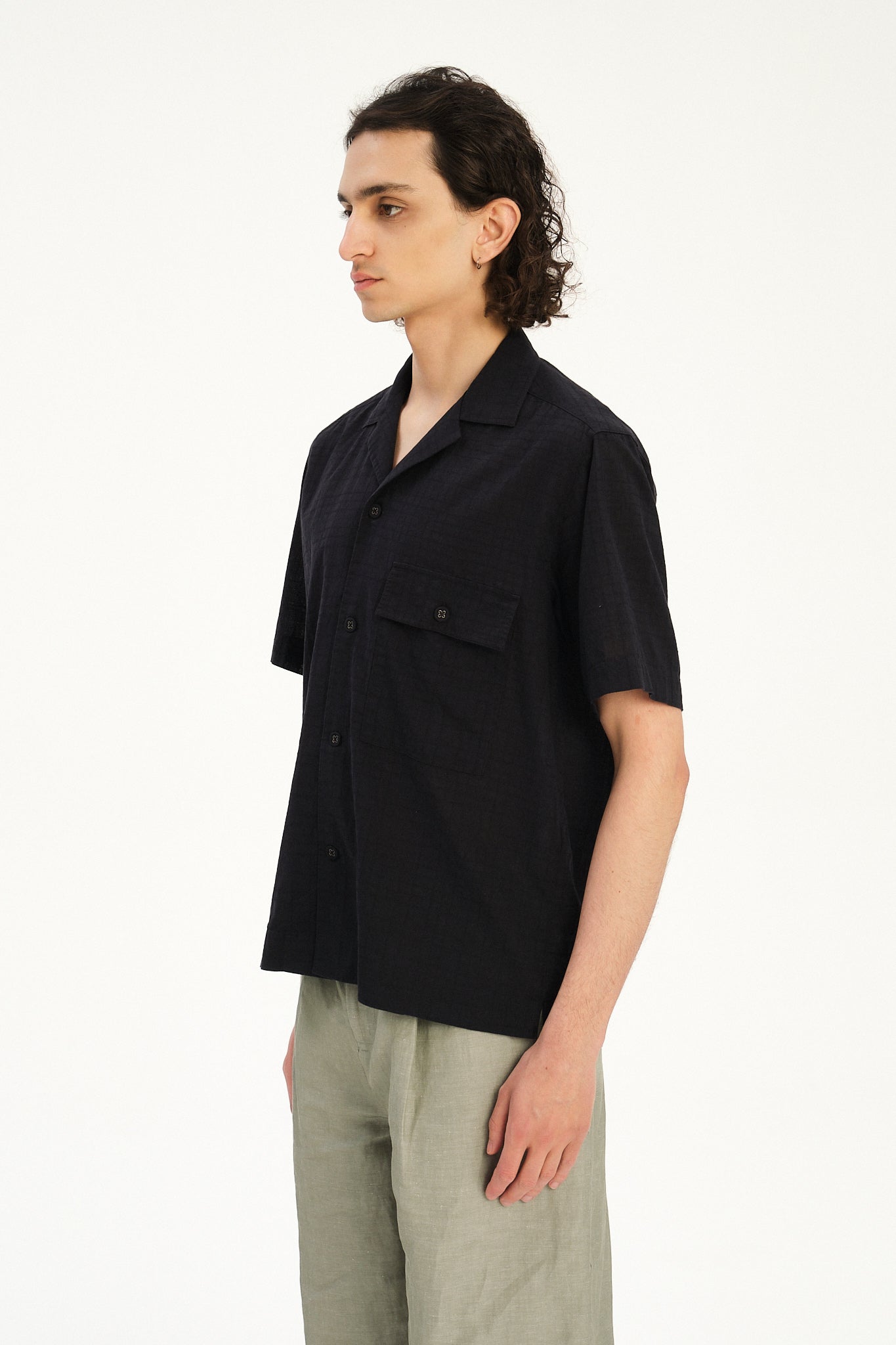 New Camp Collar Shirt  in a Profound Black Italian Dobby Cotton