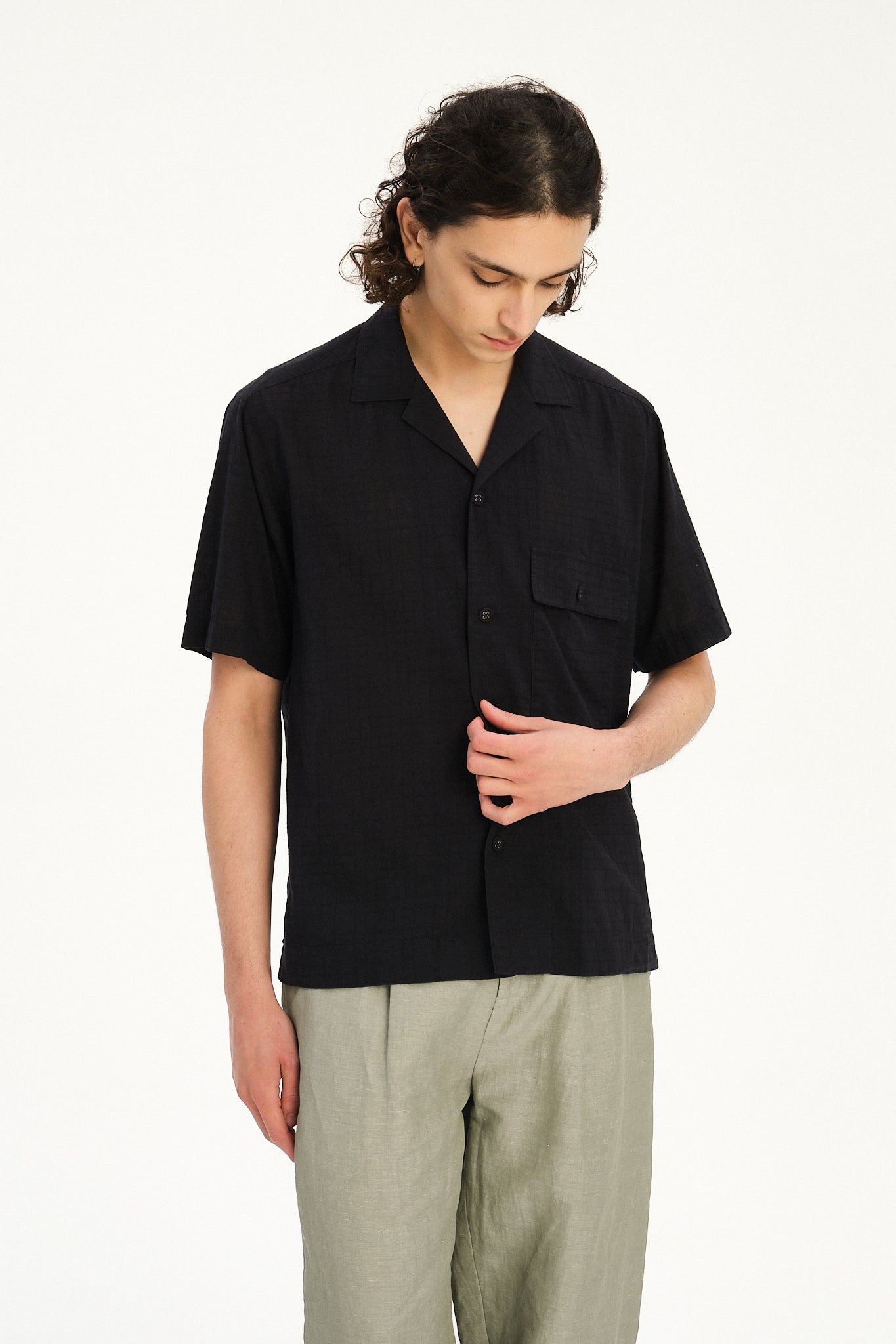 New Camp Collar Shirt  in a Profound Black Italian Dobby Cotton