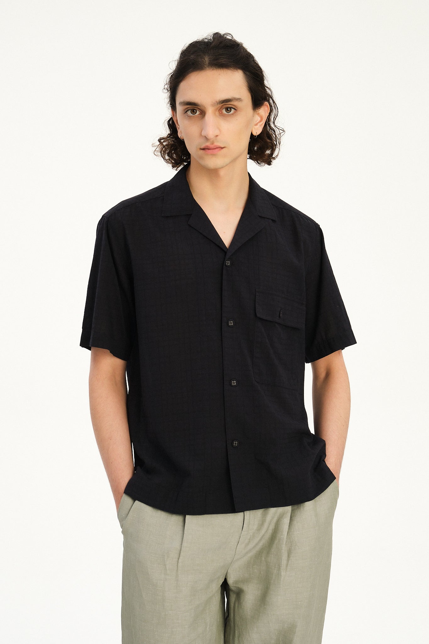 New Camp Collar Shirt  in a Profound Black Italian Dobby Cotton