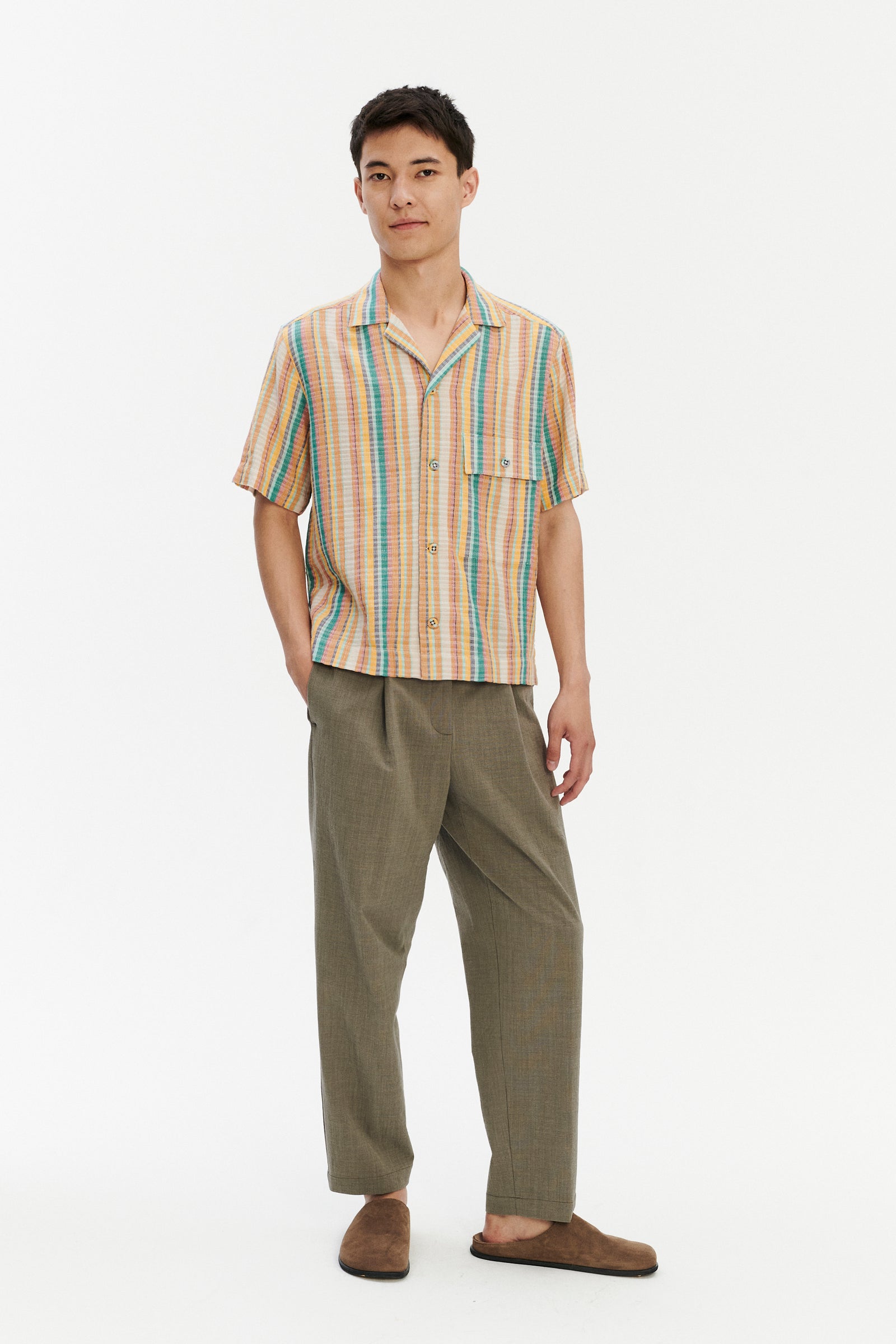 Short Sleeve Camp Collar Shirt  in a Yellow, Green and Blue Striped Fine Portuguese Cotton