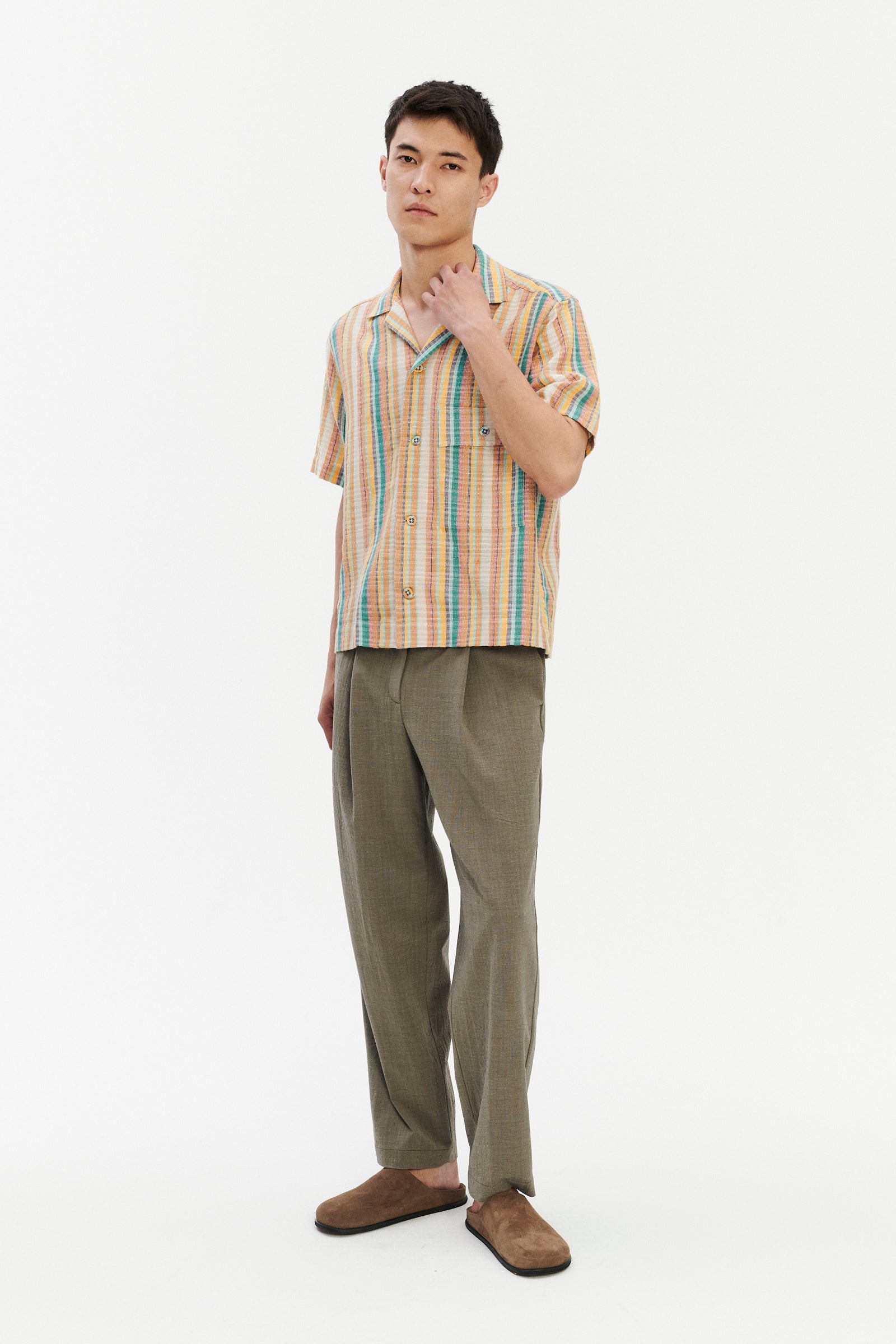 Short Sleeve Camp Collar Shirt  in a Yellow, Green and Blue Striped Fine Portuguese Cotton