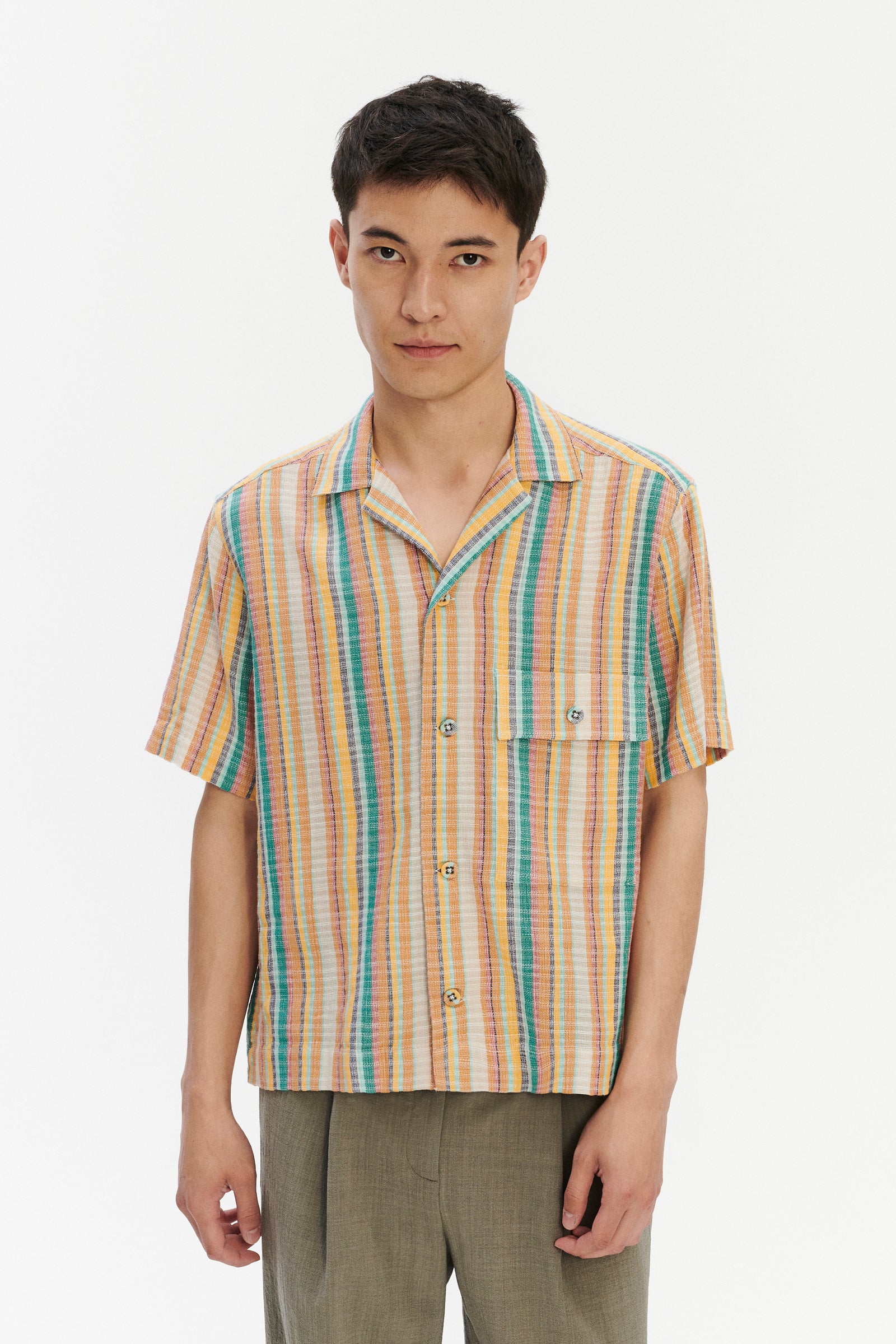 Short Sleeve Camp Collar Shirt  in a Yellow, Green and Blue Striped Fine Portuguese Cotton