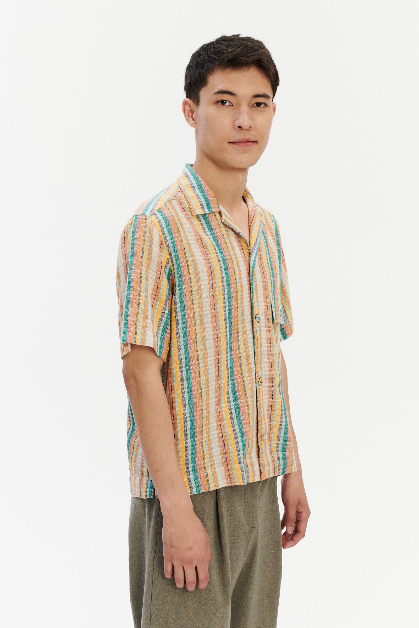 Short Sleeve Camp Collar Shirt  in a Yellow, Green and Blue Striped Fine Portuguese Cotton