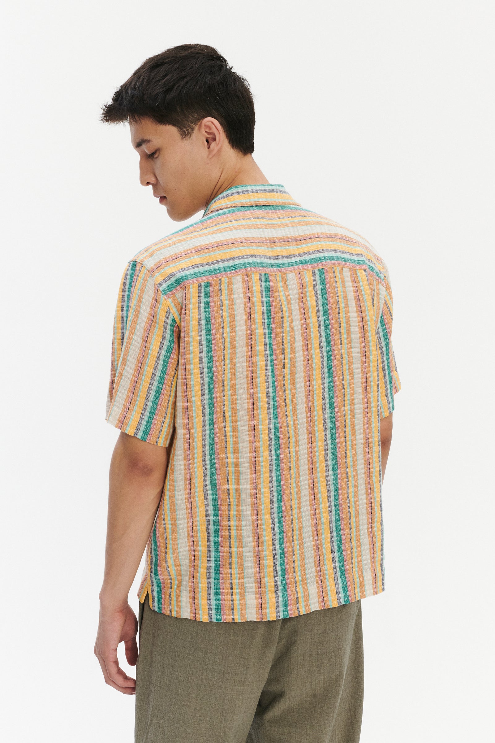 Short Sleeve Camp Collar Shirt  in a Yellow, Green and Blue Striped Fine Portuguese Cotton
