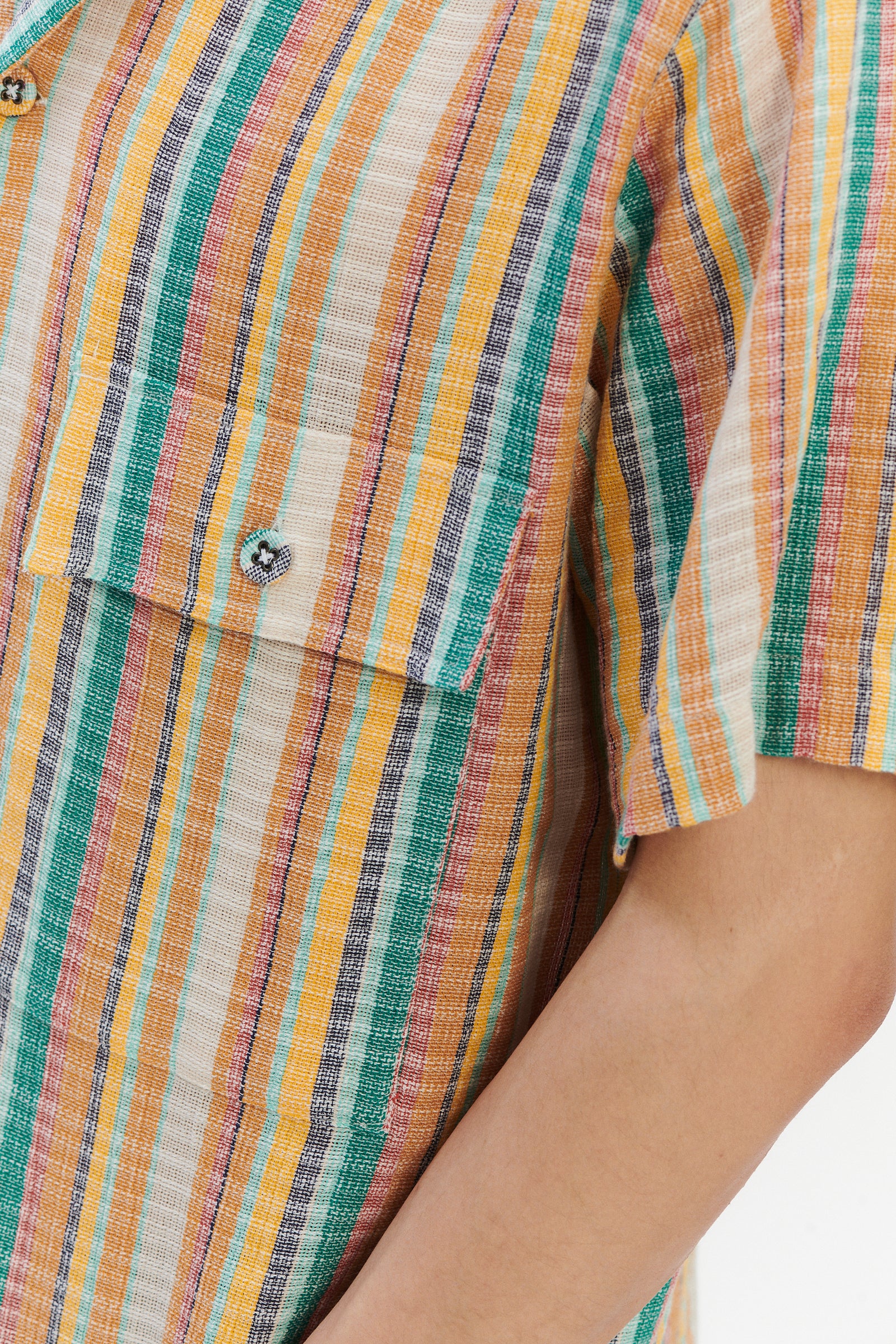 Short Sleeve Camp Collar Shirt  in a Yellow, Green and Blue Striped Fine Portuguese Cotton