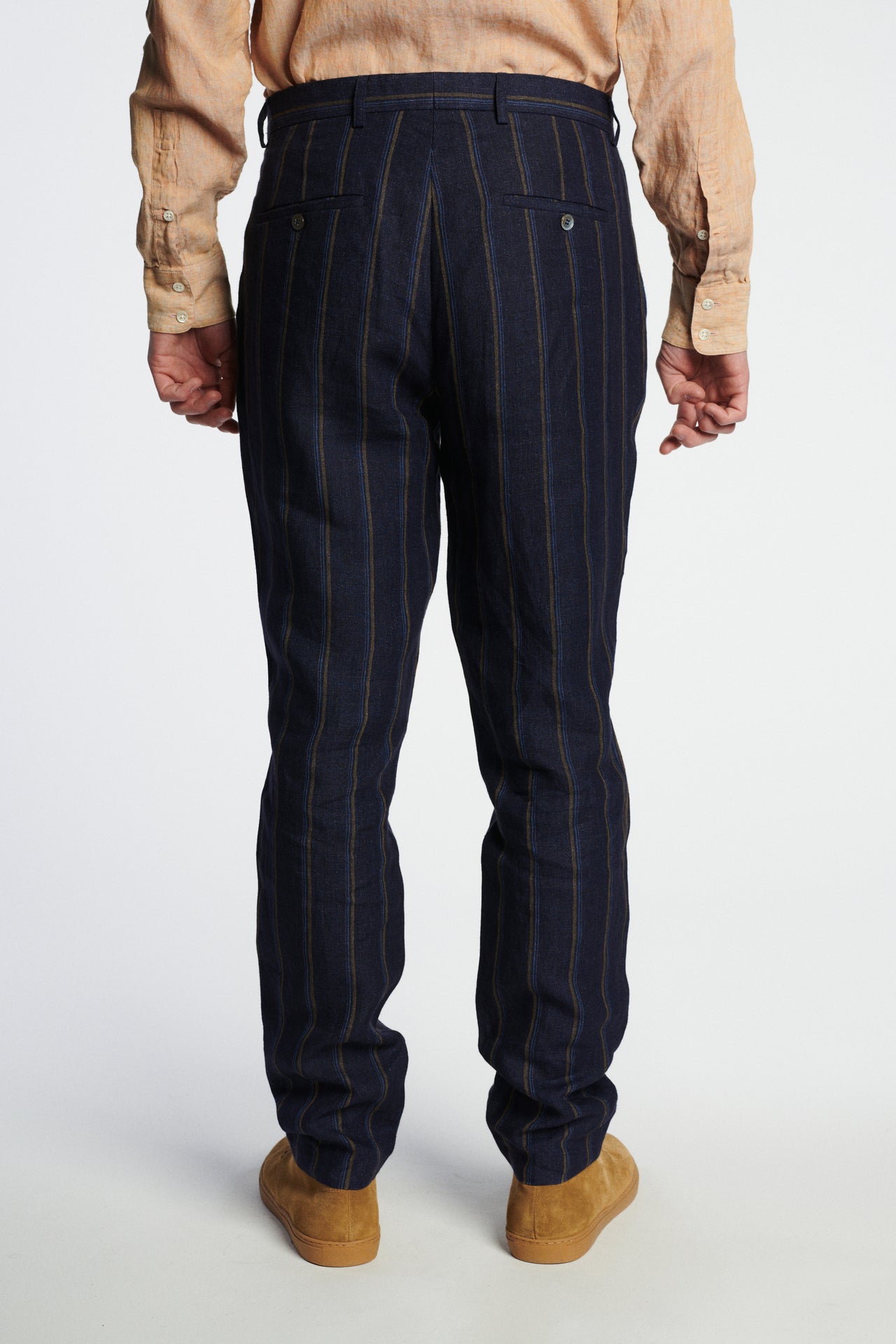 Bohemian trousers in a Navy and Tonal Brown Blue Stripe Italian Linen