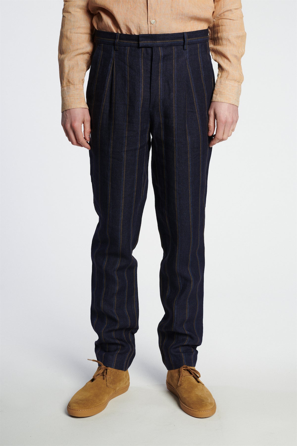 Bohemian trousers in a Navy and Tonal Brown Blue Stripe Italian Linen